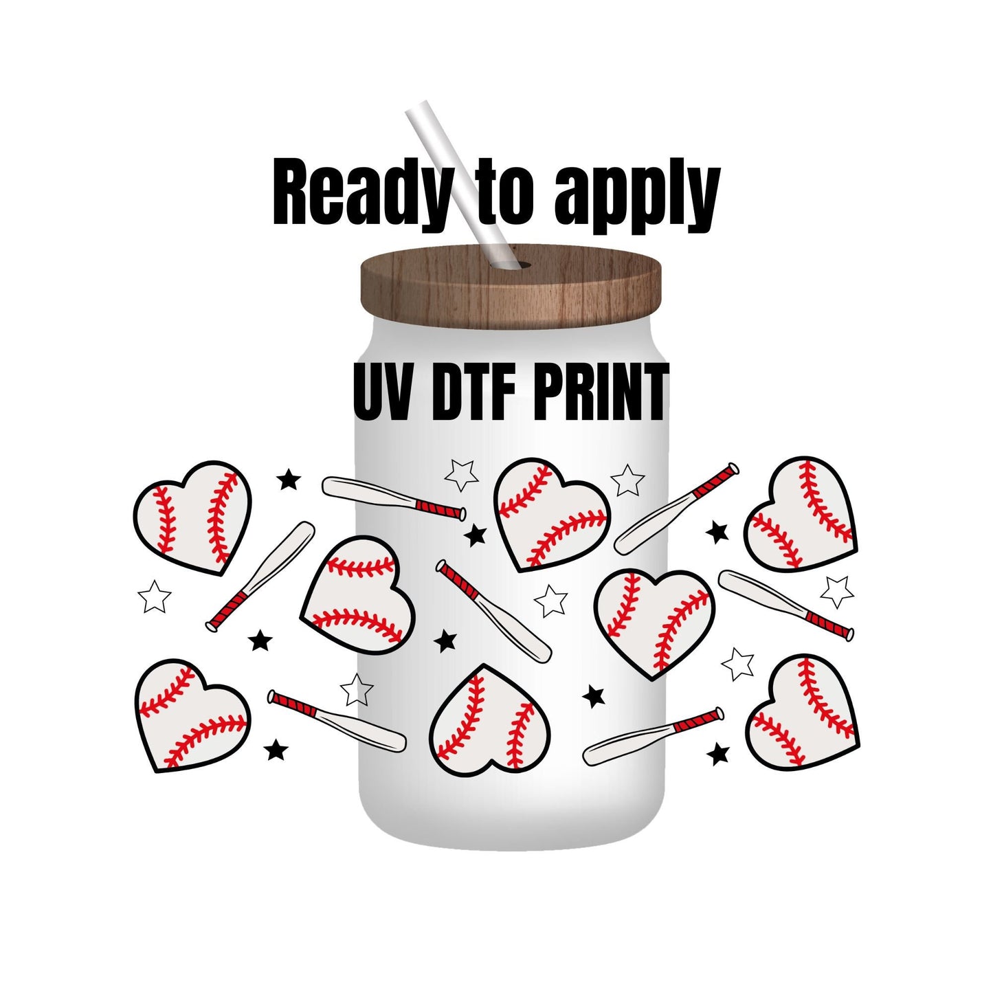 UV DTF Sticker print. Baseball heart wrap decal, tumbler decal. UV wrap for glass can tumbler. #5114