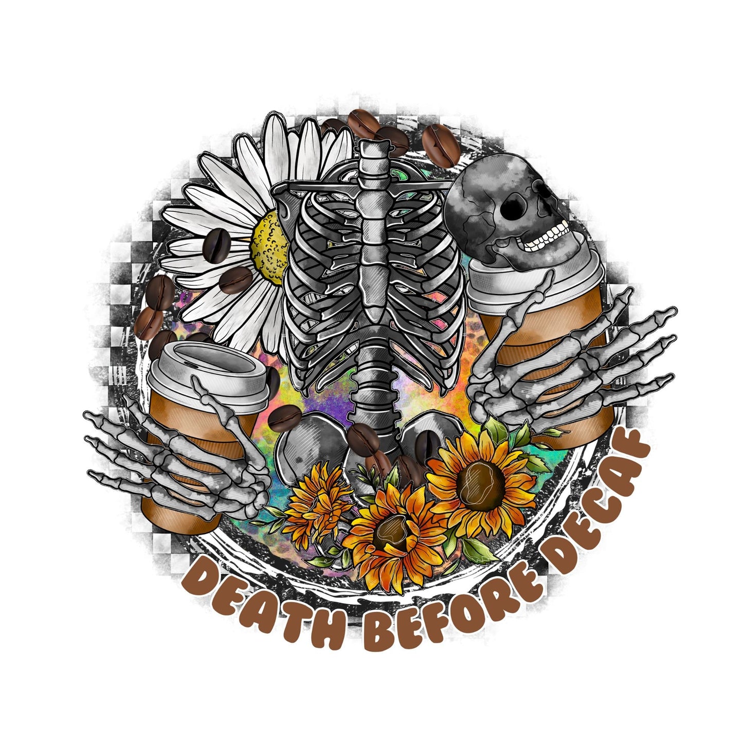 UV DTF Sticker print. Death by decaf flowers and skull decal, tumbler decal, permanent sticker. Uv wrap for glass can tumbler. #4169