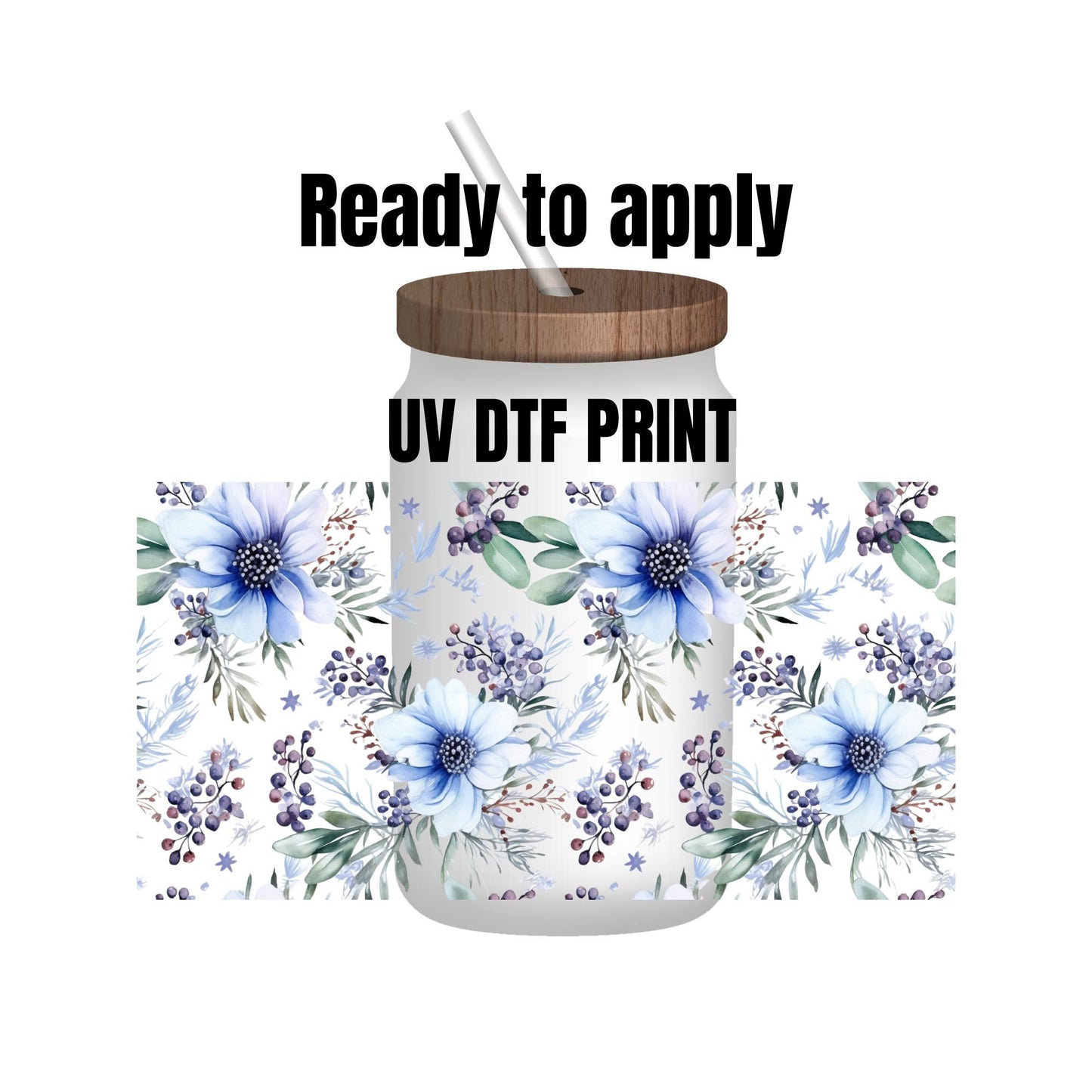 UV DTF Sticker print. Winter flowers blue wrap decal, tumbler decal. UV wrap for glass can tumbler. #5130