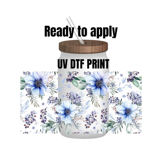 UV DTF Sticker print. Winter flowers blue wrap decal, tumbler decal. UV wrap for glass can tumbler. #5130