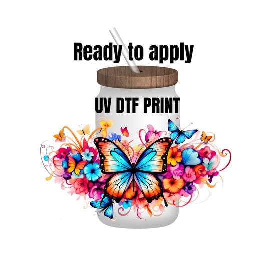 UV DTF Sticker print. One Butterfly with Summer flowers wrap decal, tumbler decal, permanent sticker. UV wrap for glass can tumbler. #5102
