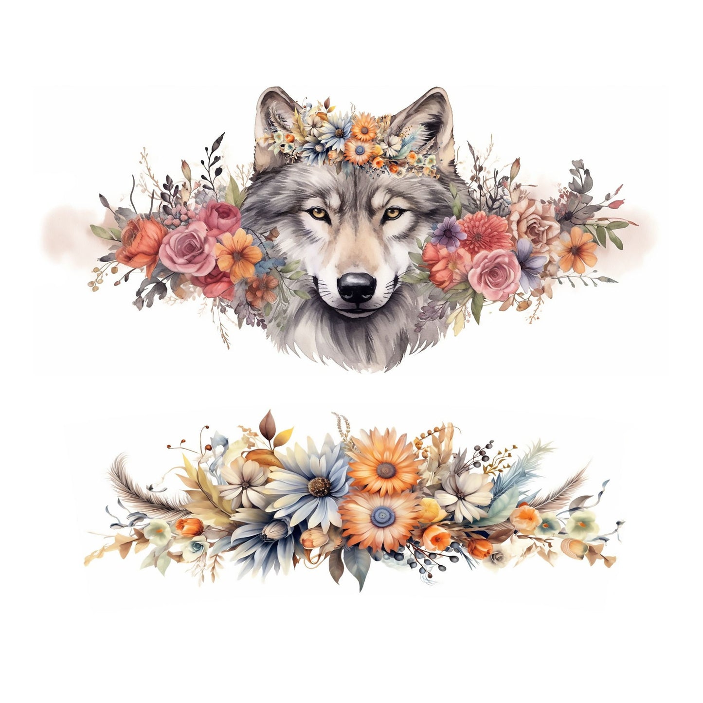 UV DTF 40 oz ready to apply Wolf and flowers decal , quencher tumbler decal, permanent sticker. UV wrap quenchers . #3018