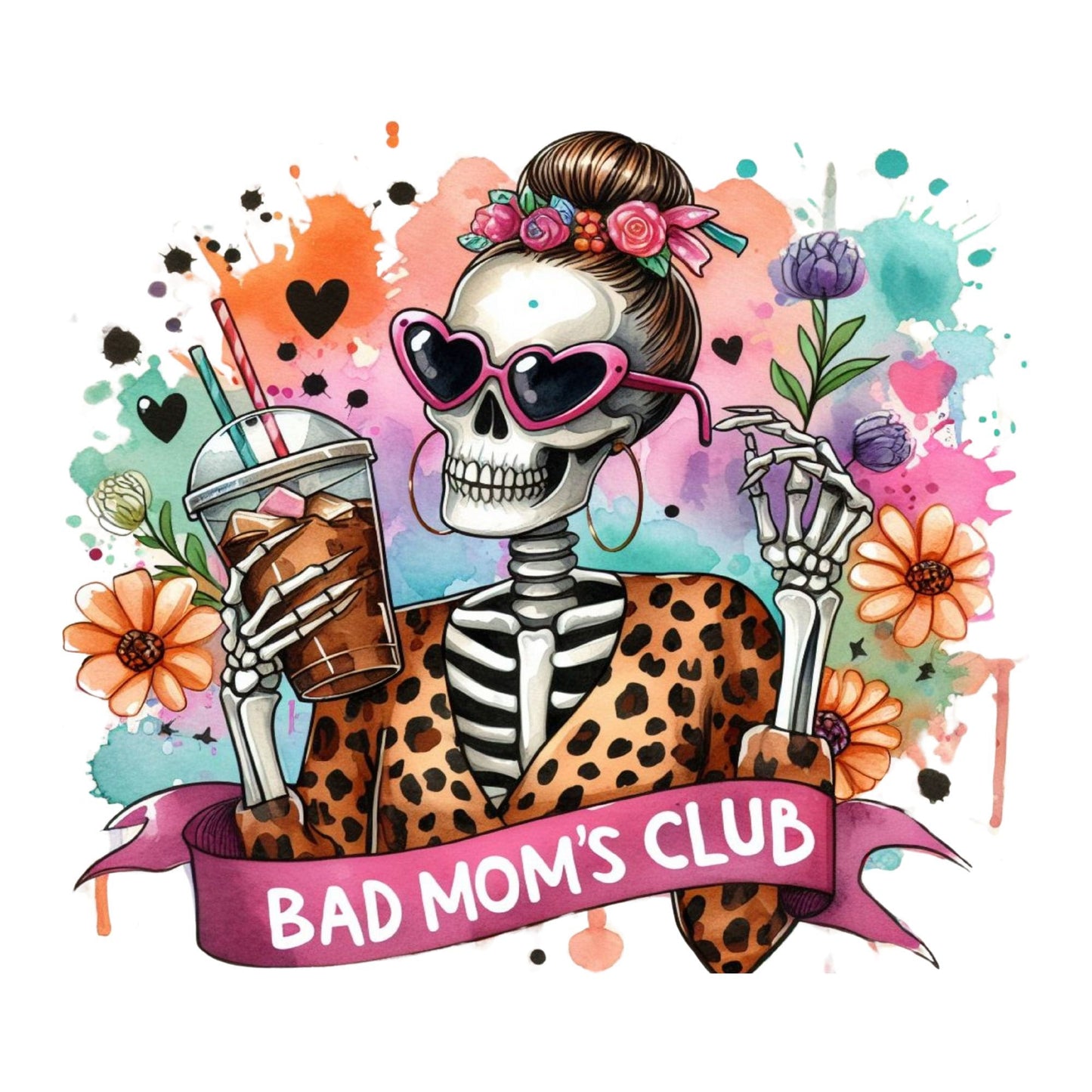 UV DTF Sticker print. Bad moms club skeleton decal, tumbler decal, permanent sticker. Uv wrap for glass can tumbler. #4134