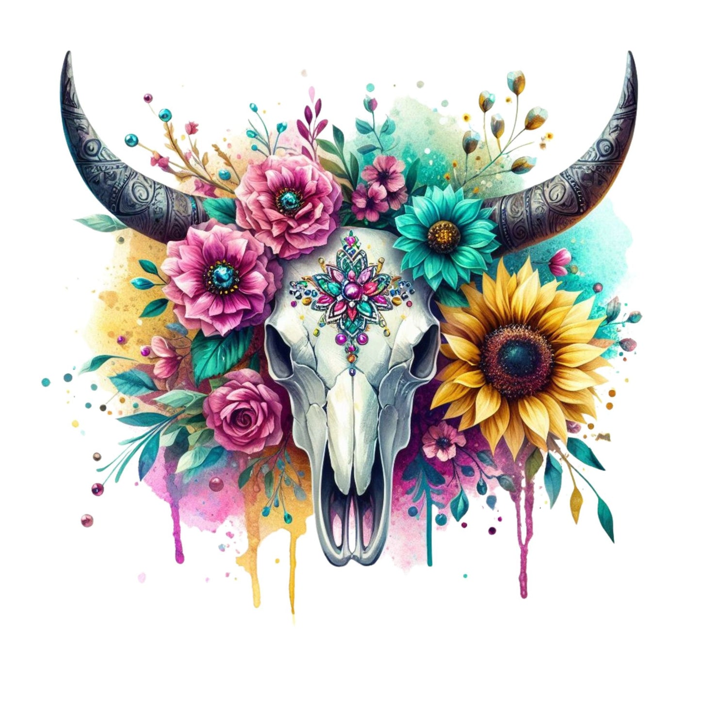 UV DTF Sticker print. Watercolor drip bull skull decal, tumbler decal, permanent sticker. Uv wrap for glass can tumbler. #2016