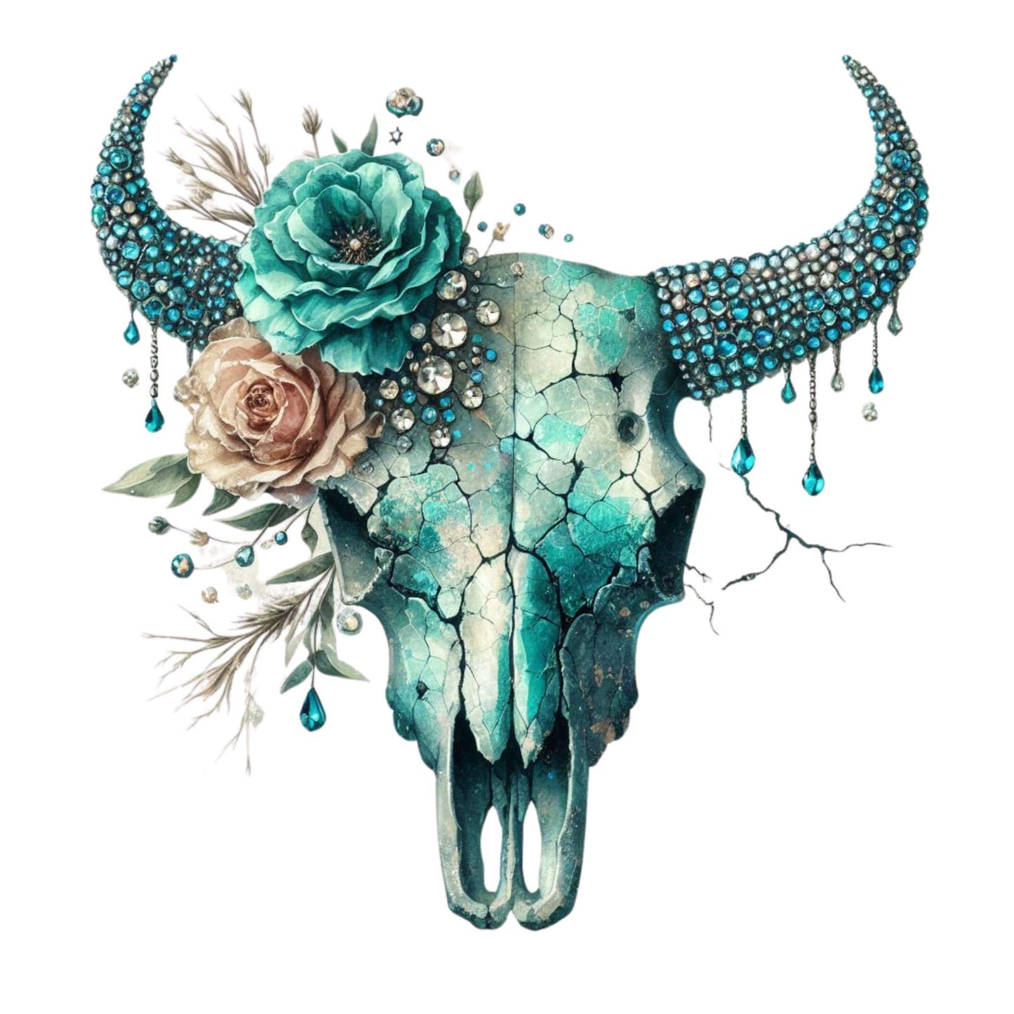 UV DTF Sticker print. Rustic bull skull rhinestone teal decal, tumbler decal, permanent sticker. Uv wrap for glass can tumbler. #2019
