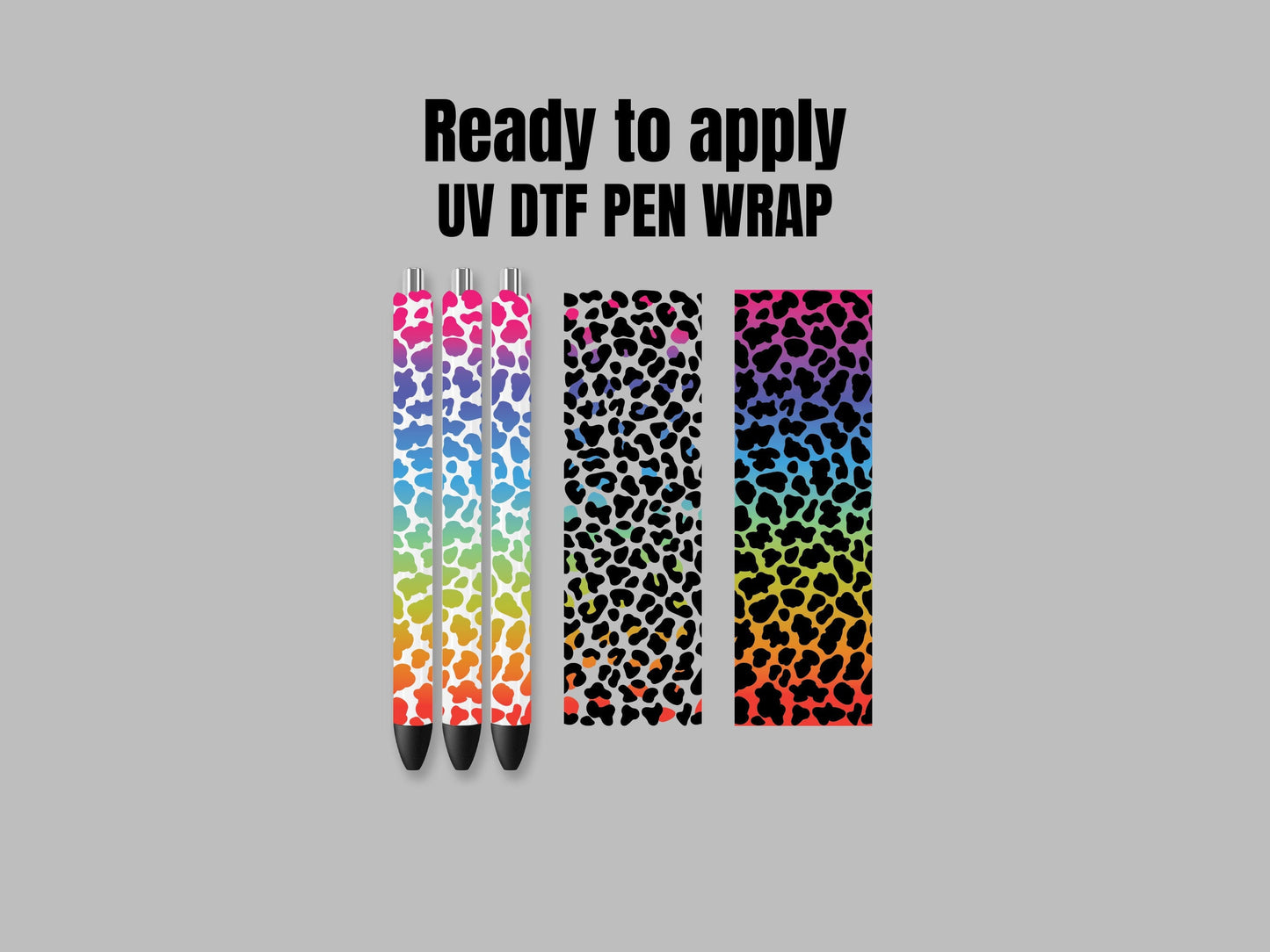 UV DTF Pen Wrap Ready To Apply Sticker Print. Clear and solid background iridescent leopard bundle pen wraps. UV Pen wrap. #8009