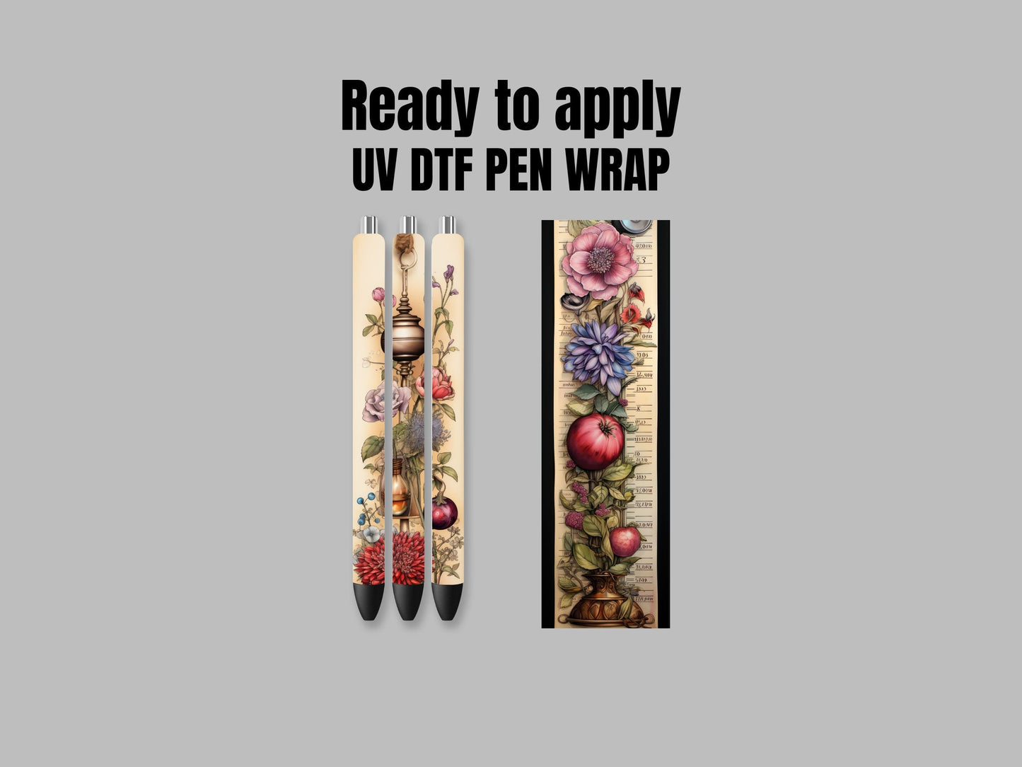 UV DTF Pen Wrap Ready To Apply Sticker Print. Old Pretty flowers with White backing. UV Pen wrap. #8012