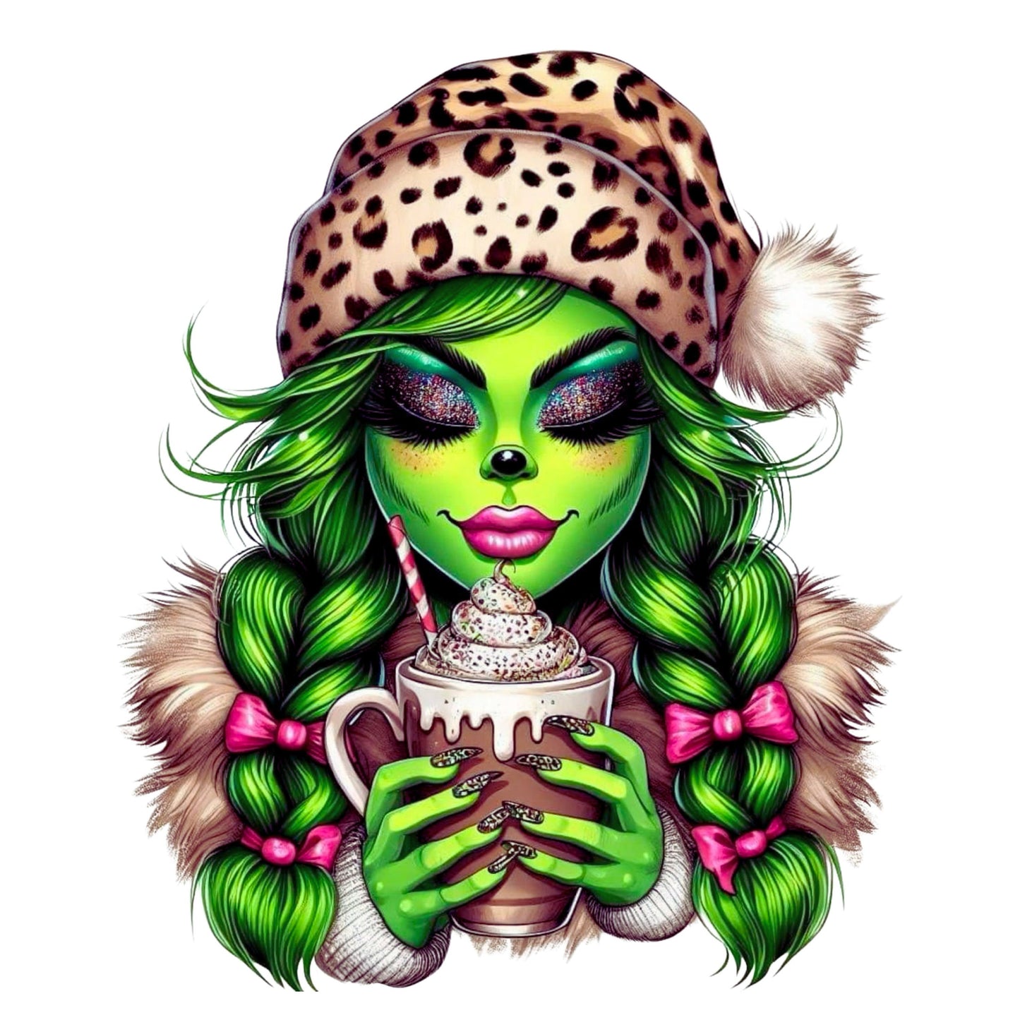 UV DTF Sticker print. Miss green face Christmas hat decal, tumbler decal, permanent sticker. Uv wrap for glass can tumbler. #7004