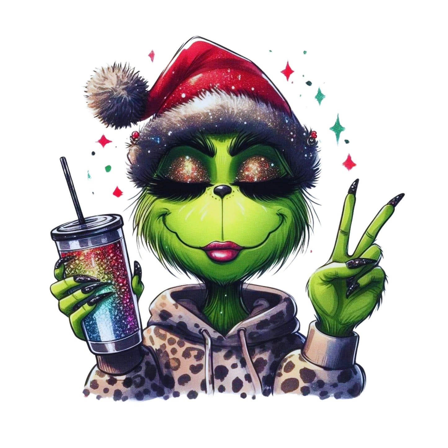 UV DTF Sticker print. Miss green face Christmas hat decal, tumbler decal, permanent sticker. Uv wrap for glass can tumbler. #7004