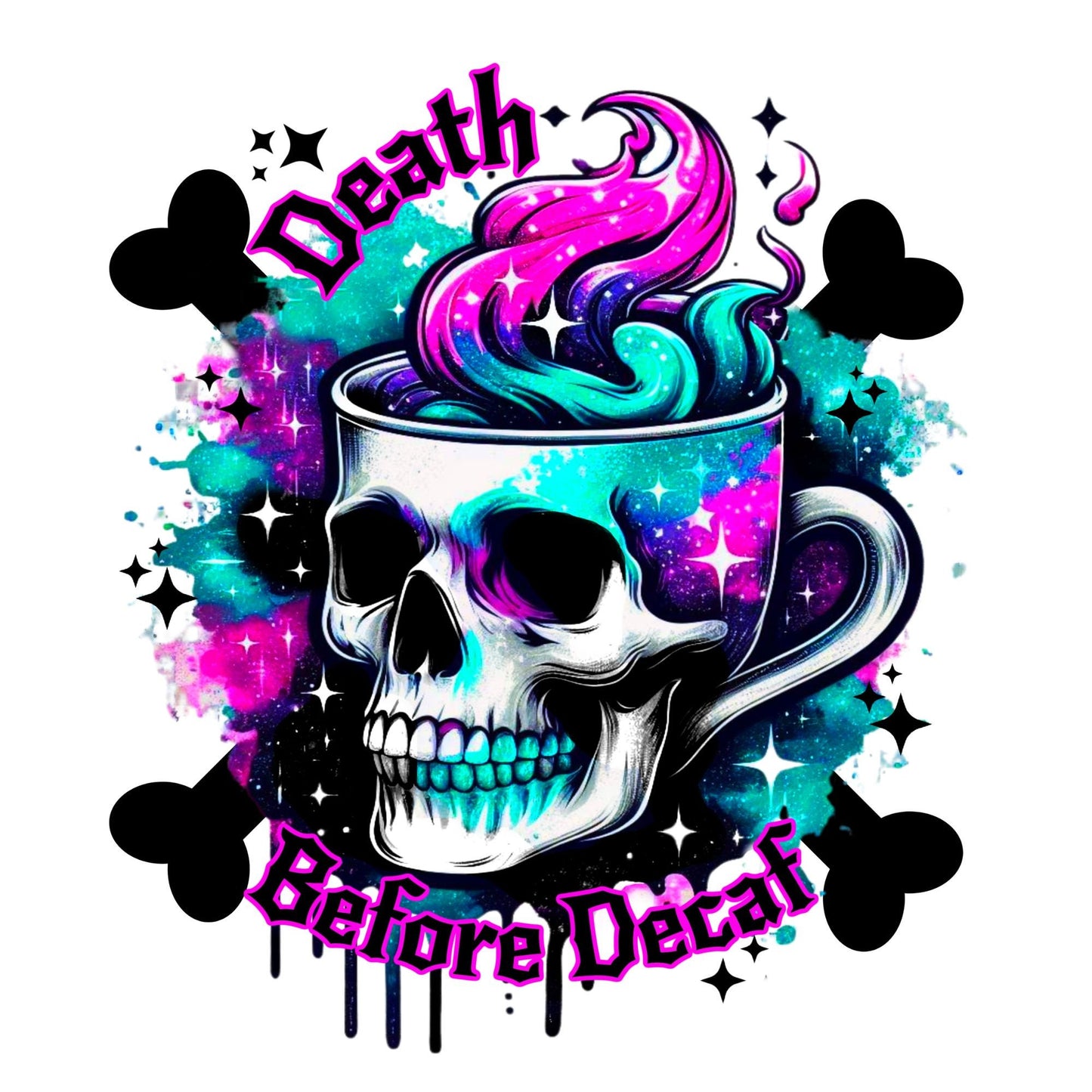 UV DTF Sticker print. Death before decaf skull cup decal, tumbler decal, permanent sticker. Uv wrap for glass can tumbler. #4170
