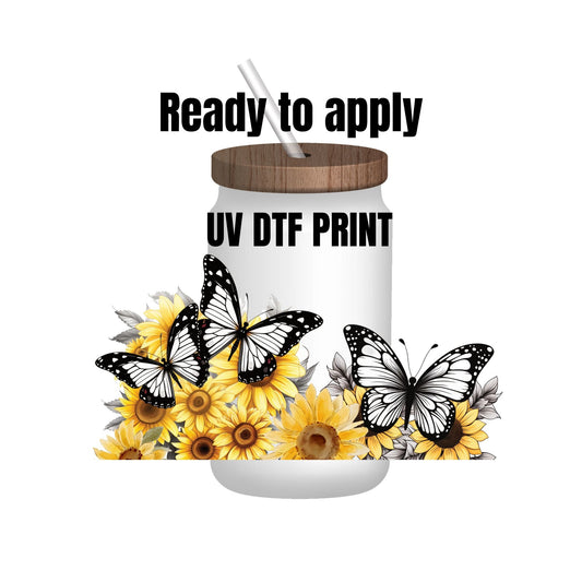 UV DTF Sticker print. Sunflowers and butterflies wrap decal, tumbler decal. UV wrap for glass can tumbler. #5118