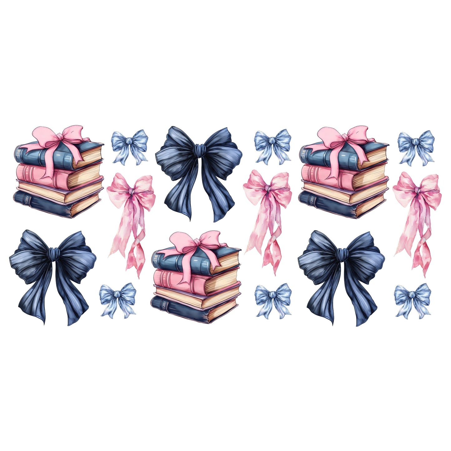 UV DTF Sticker print. Bows and Books pink and blue element sheet wrap decal, tumbler decal. UV wrap for glass can tumbler. #5140
