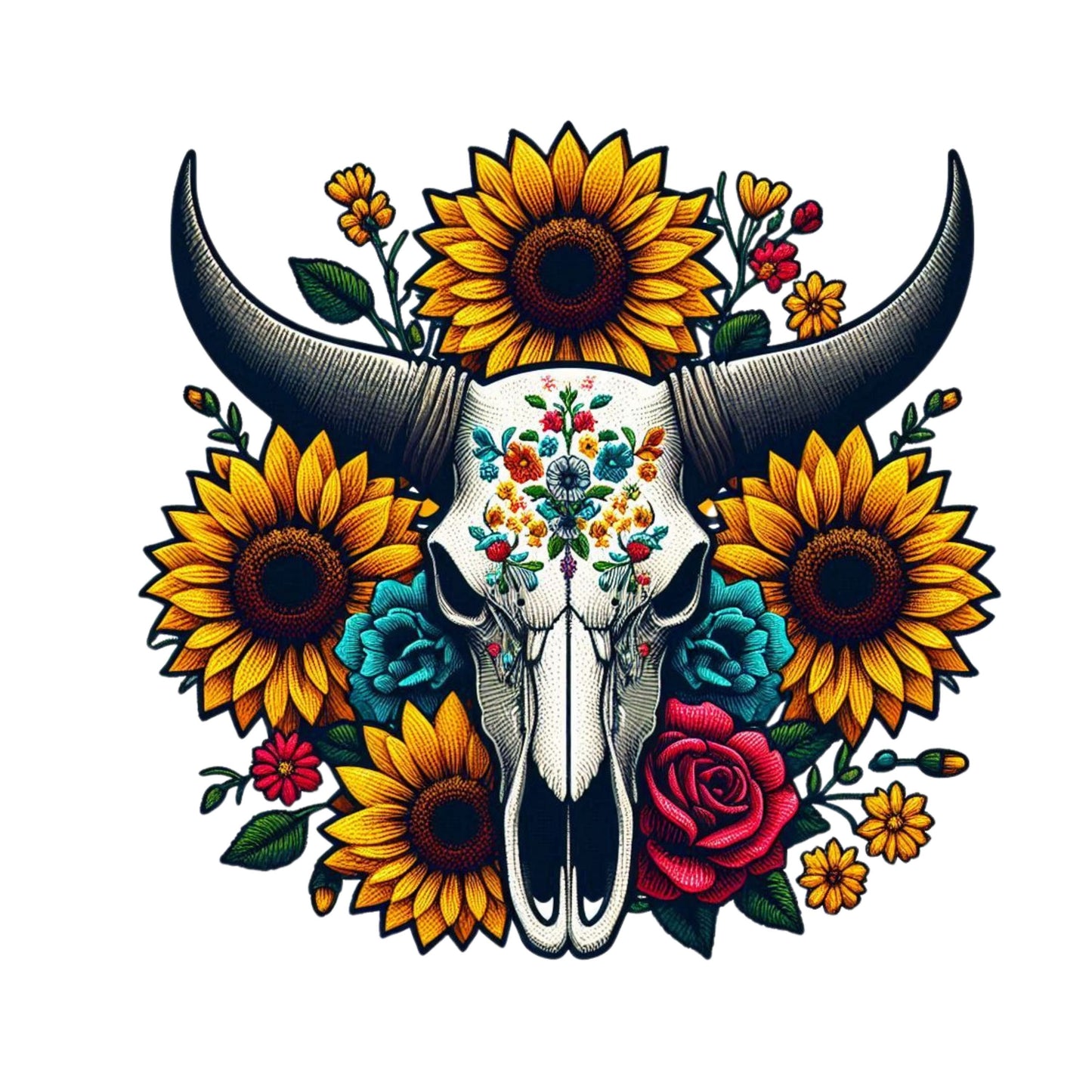 UV DTF Sticker print. Embroidery style bull skull with sunflowers decal, tumbler decal, permanent sticker. UV glass can tumbler. #10000