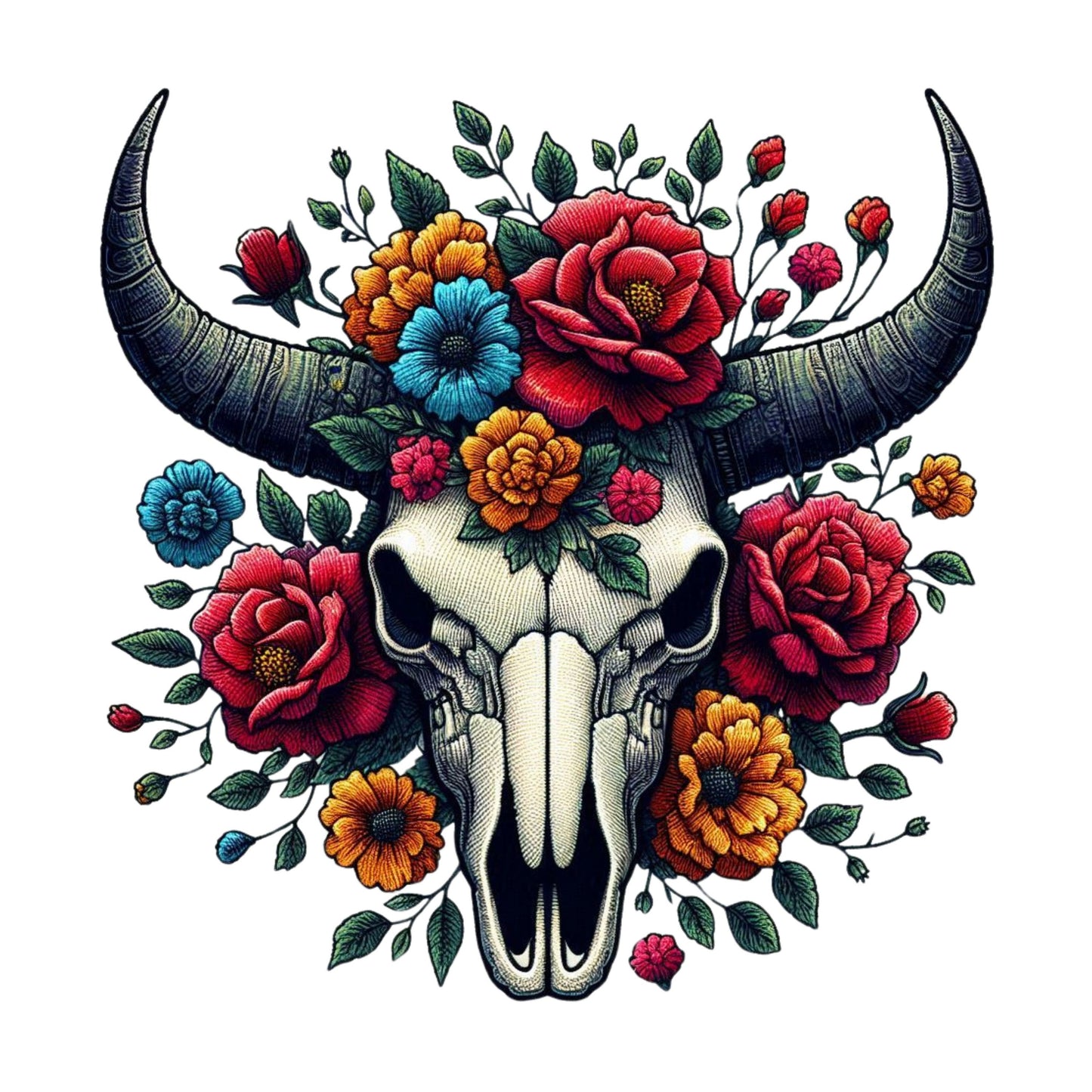 UV DTF Sticker print. Embroidery style bull skull with flower decal, tumbler decal, permanent sticker. UV wrap for glass can tumbler. #10000