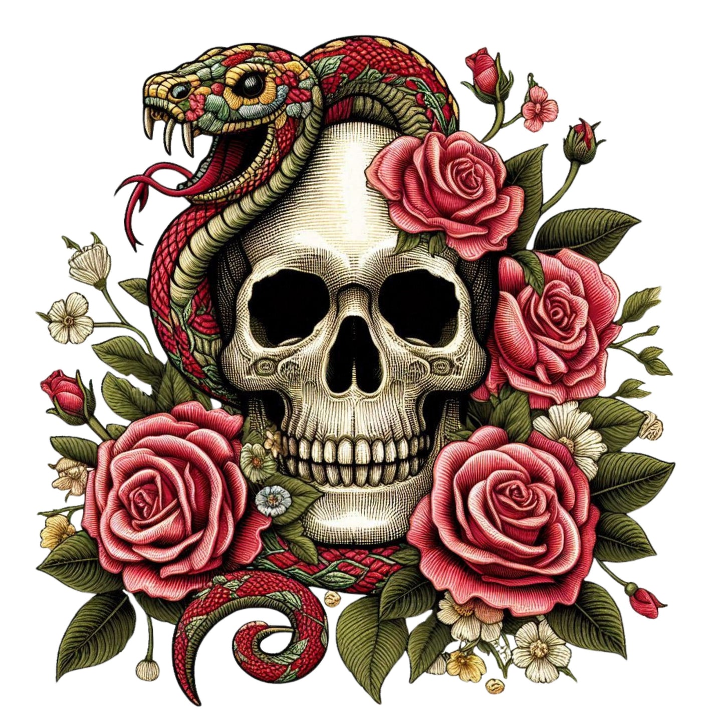 UV DTF Sticker print. Embroidery style skull with roses decal, tumbler decal, permanent sticker. UV wrap for glass can tumbler. #10000