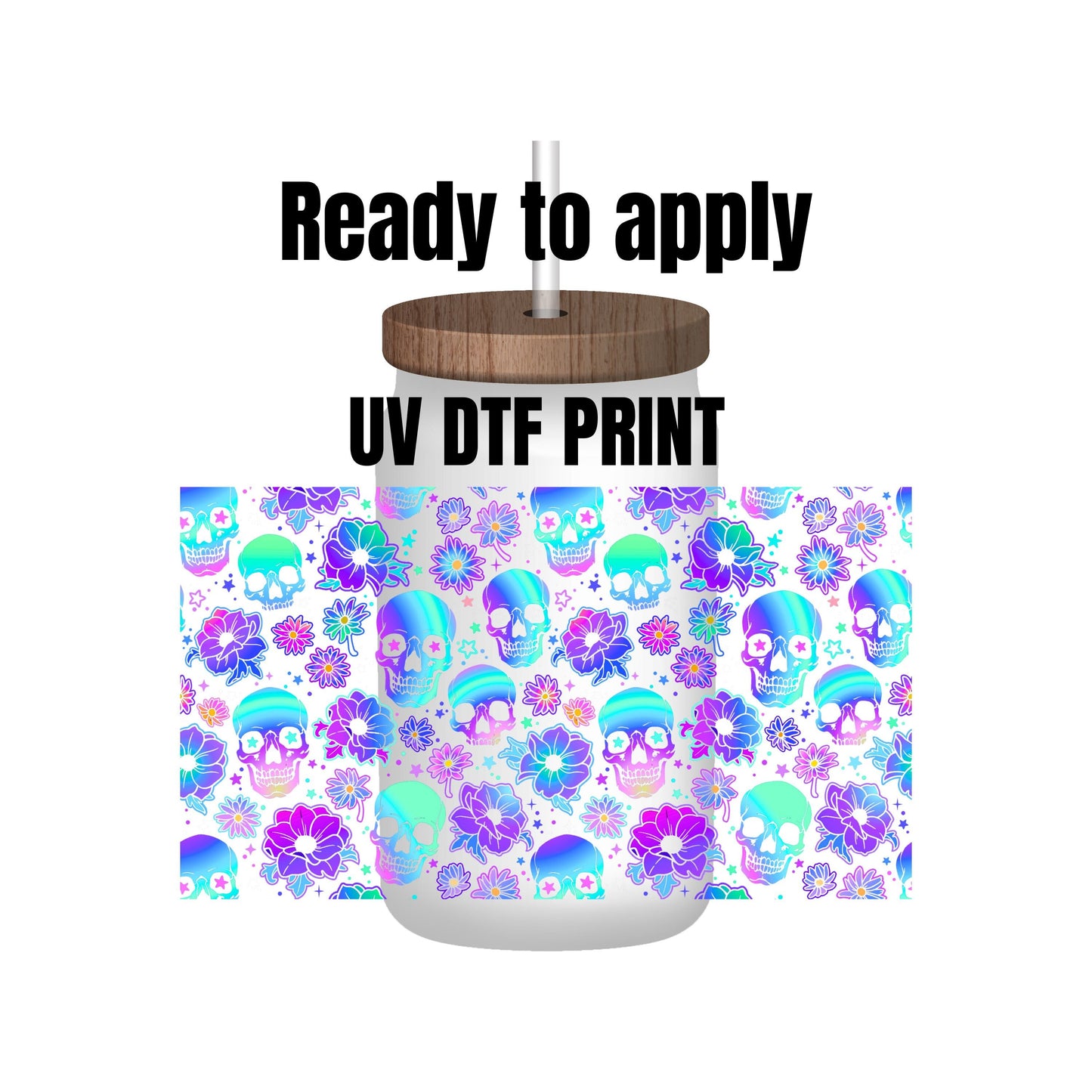 UV DTF Sticker print. Iridescent Skull wrap decal, tumbler decal. UV wrap for glass can tumbler. #5141