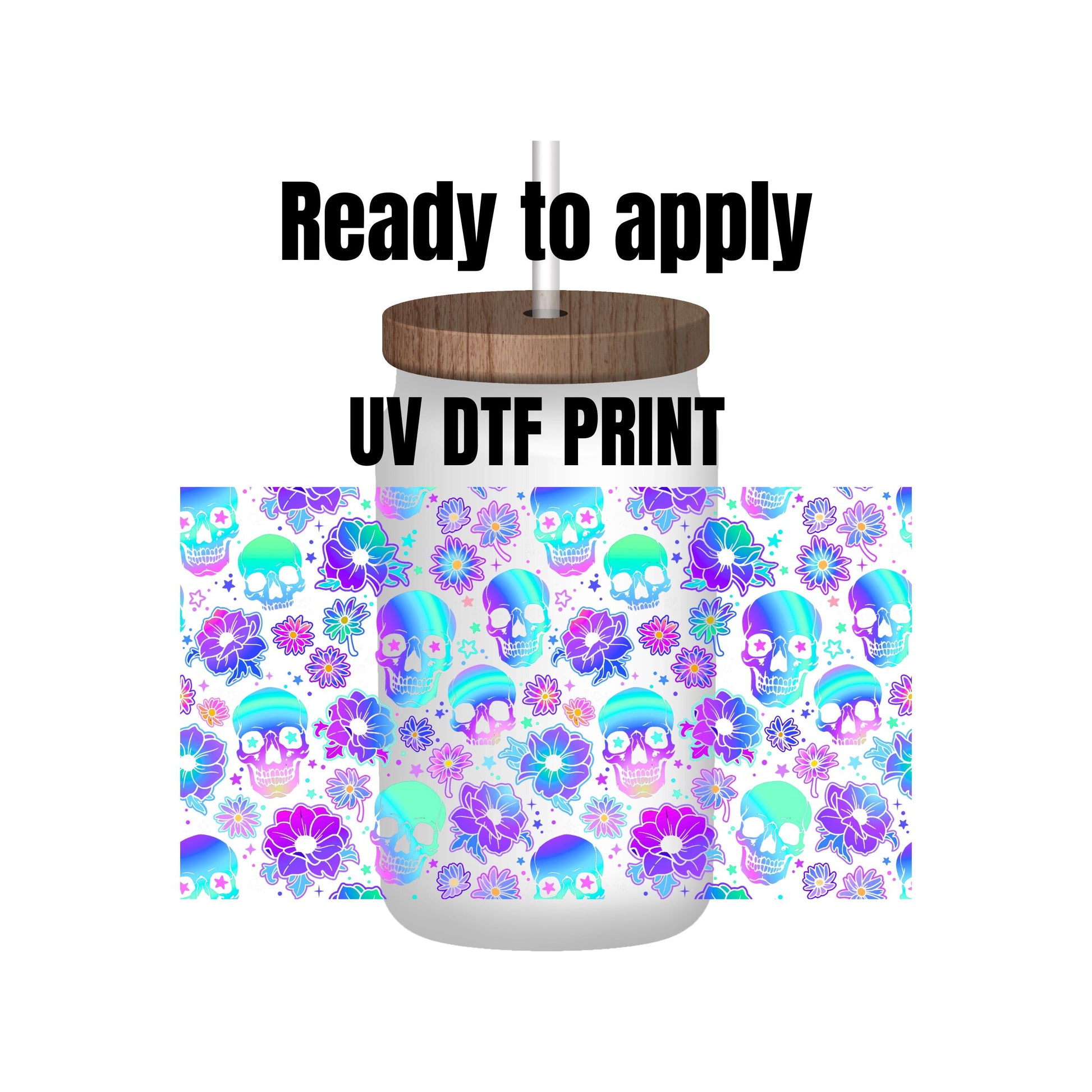 UV DTF Sticker print. Iridescent Skull wrap decal, tumbler decal. UV wrap for glass can tumbler. #5141