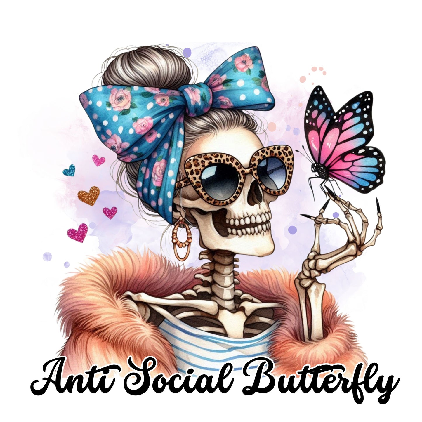 UV DTF Sticker print. Anti Social Butterfly Skull decal, tumbler decal, permanent sticker. Uv wrap for glass can tumbler. #4205