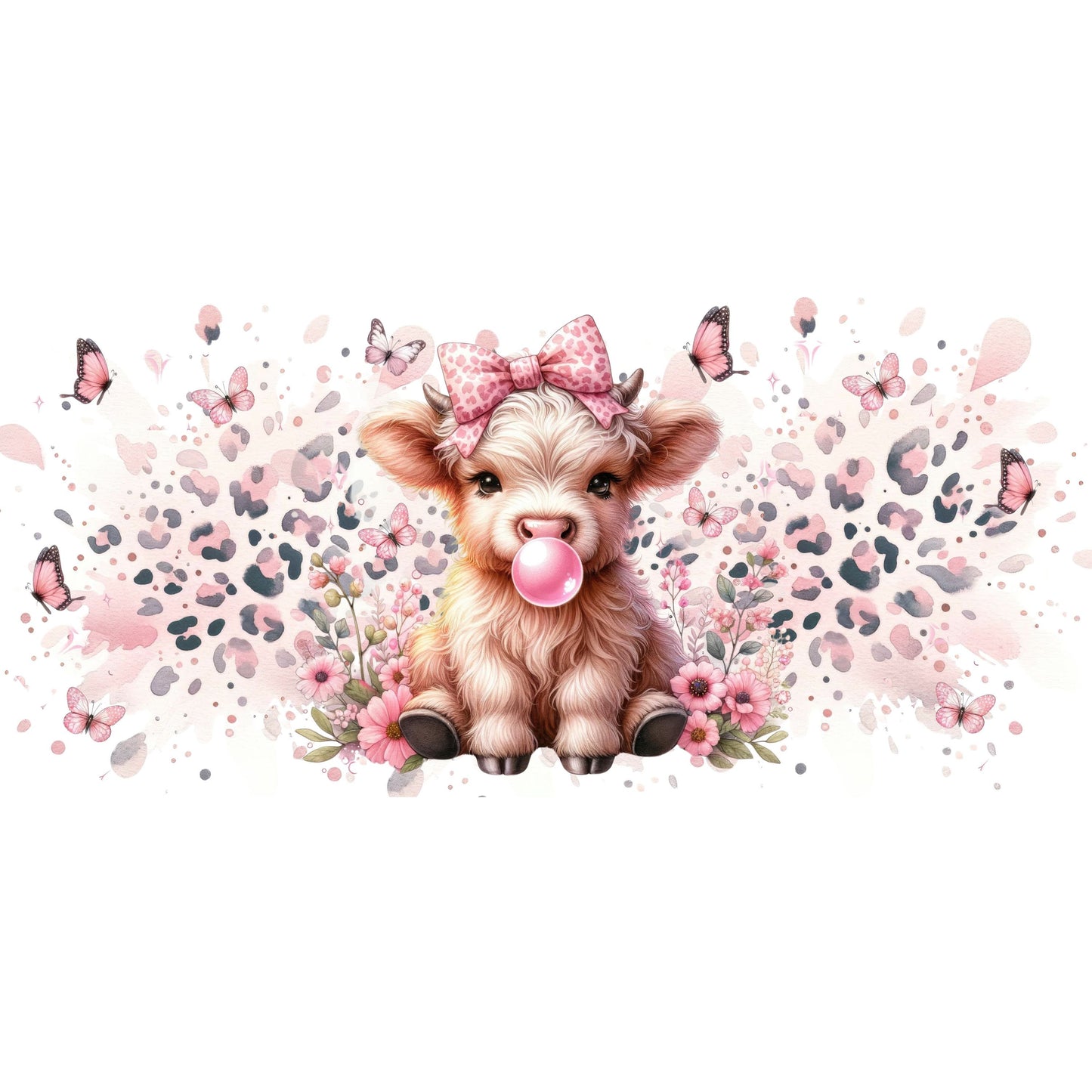 UV DTF Sticker print. Pink Highland Cow bubble cheetah wrap decal, tumbler decal. UV wrap for glass can tumbler. #5142