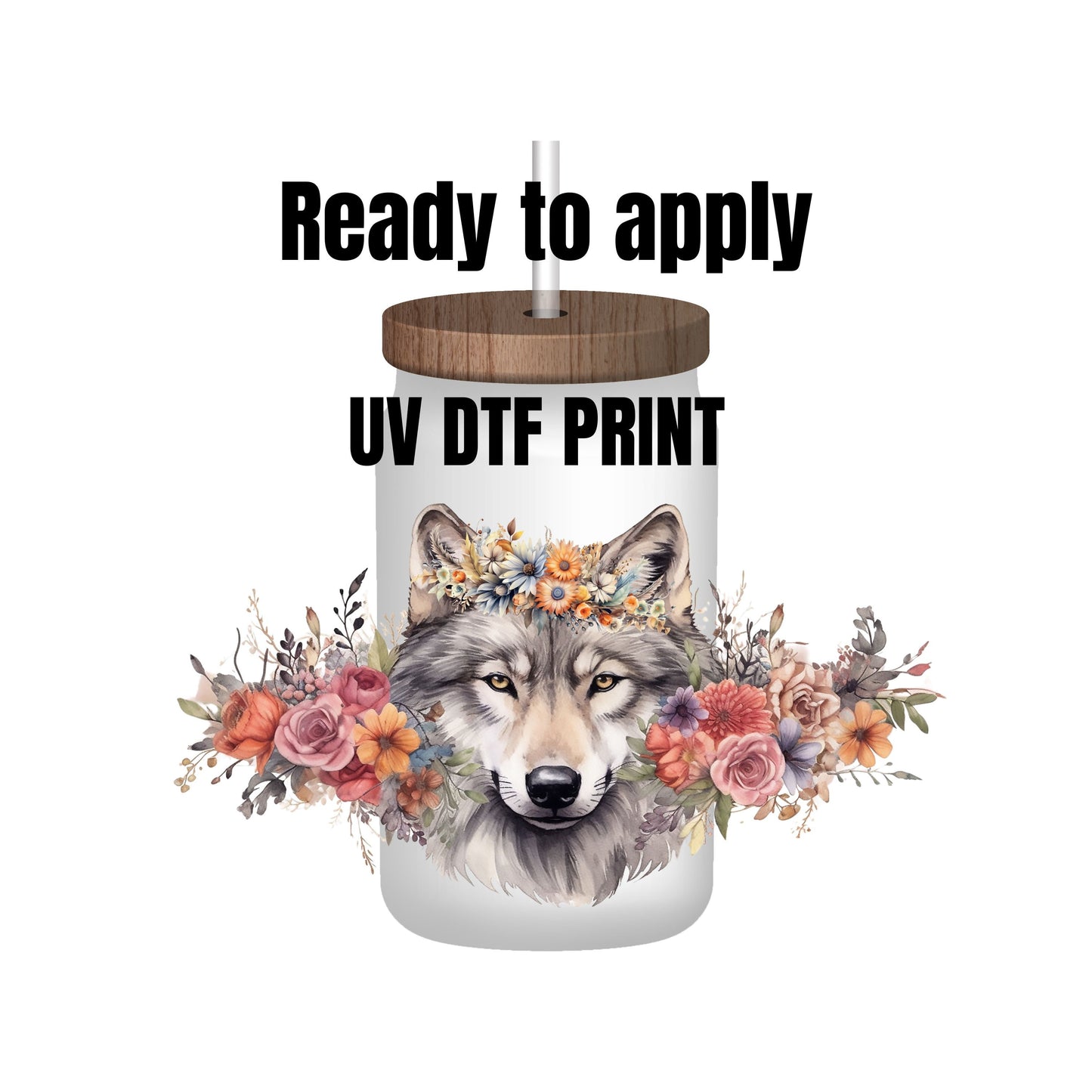 UV DTF Sticker print. Wolf and flowers wrap decal, tumbler decal. UV wrap for glass can tumbler. #5144