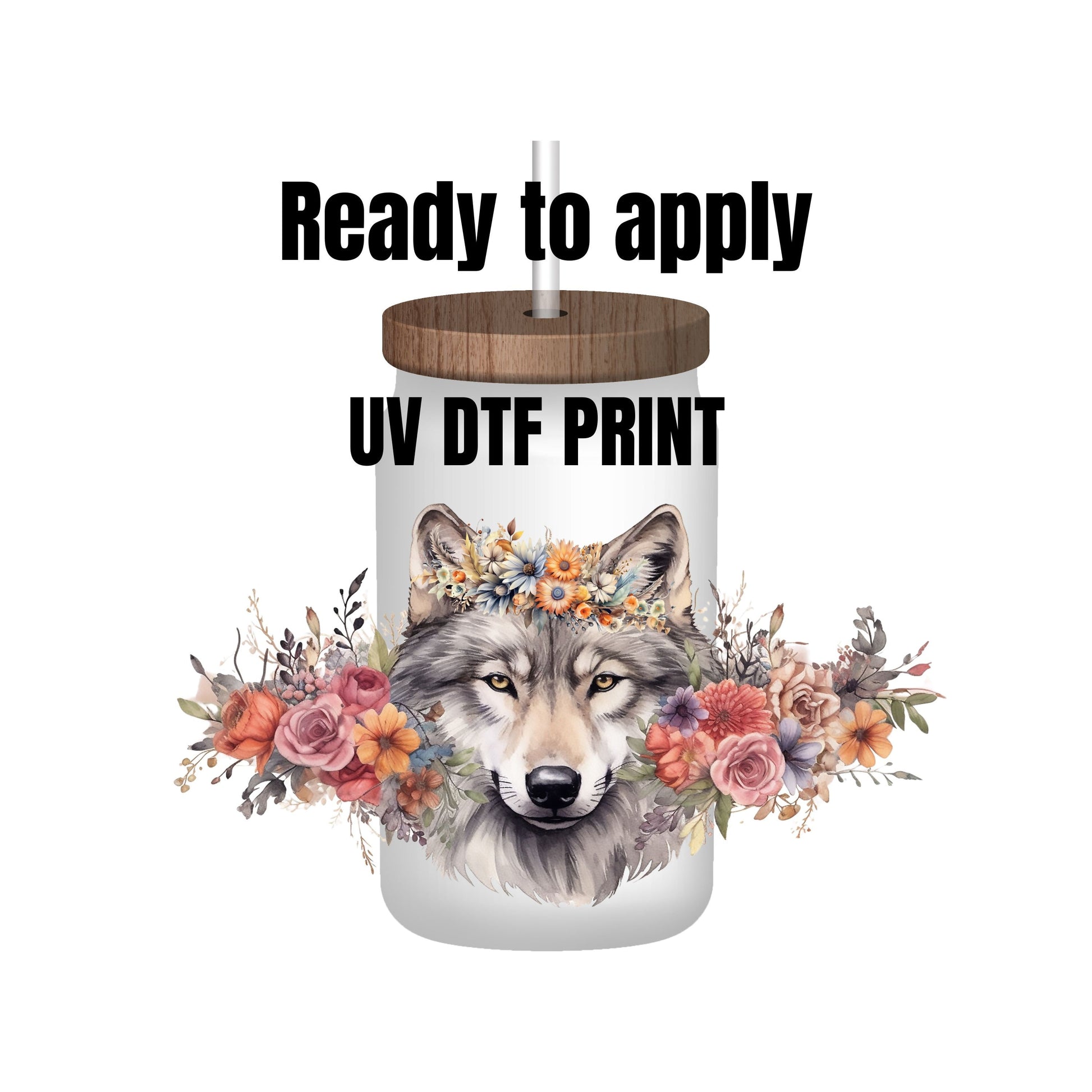 UV DTF Sticker print. Wolf and flowers wrap decal, tumbler decal. UV wrap for glass can tumbler. #5144