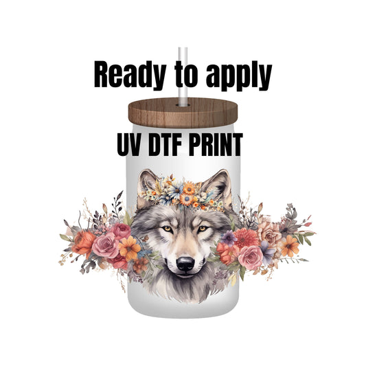 UV DTF Sticker print. Wolf and flowers wrap decal, tumbler decal. UV wrap for glass can tumbler. #5144