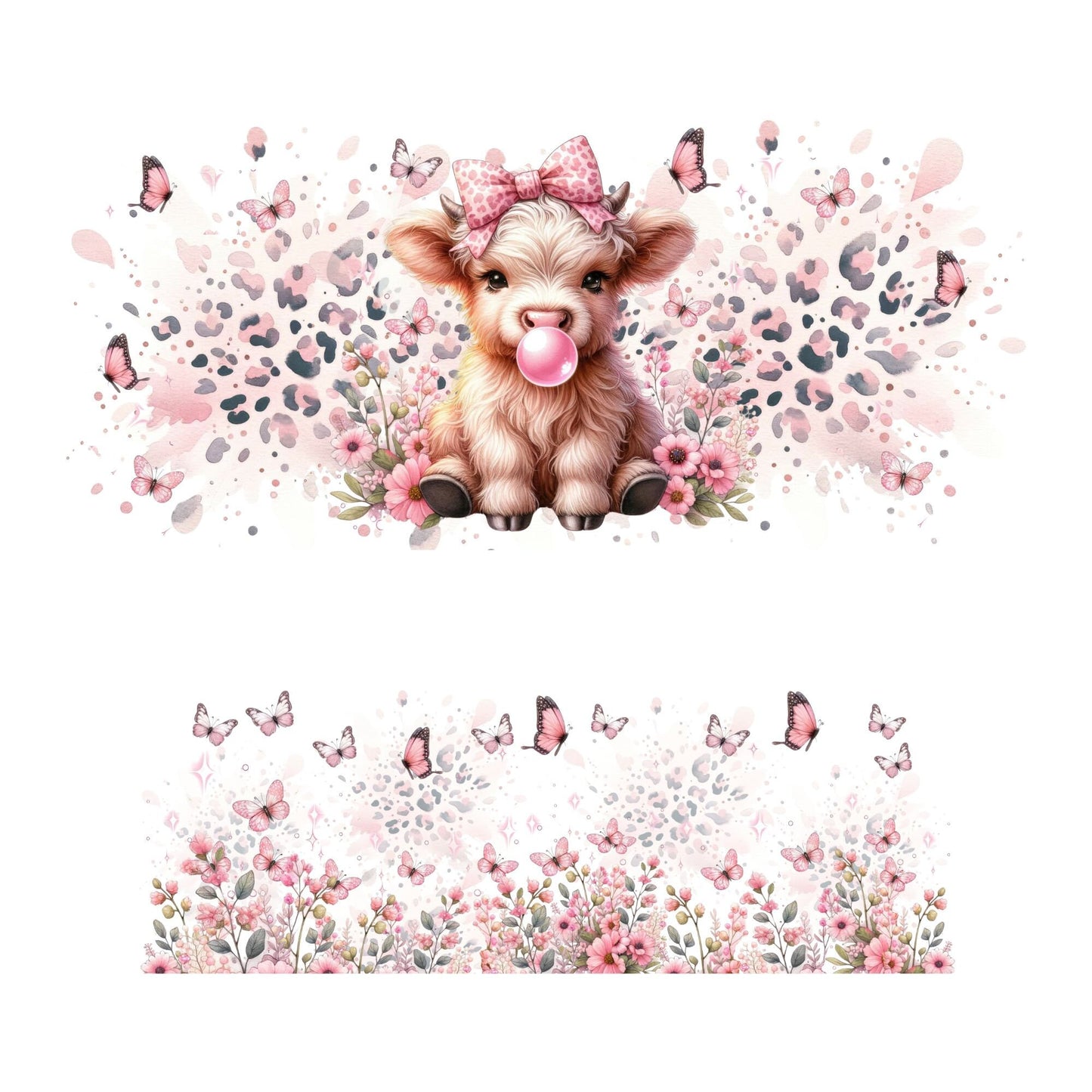 UV DTF 40 oz ready to apply Pink Highland Cow Bubble Cheetah decal , quencher tumbler decal, permanent sticker. UV wrap quenchers . #3014