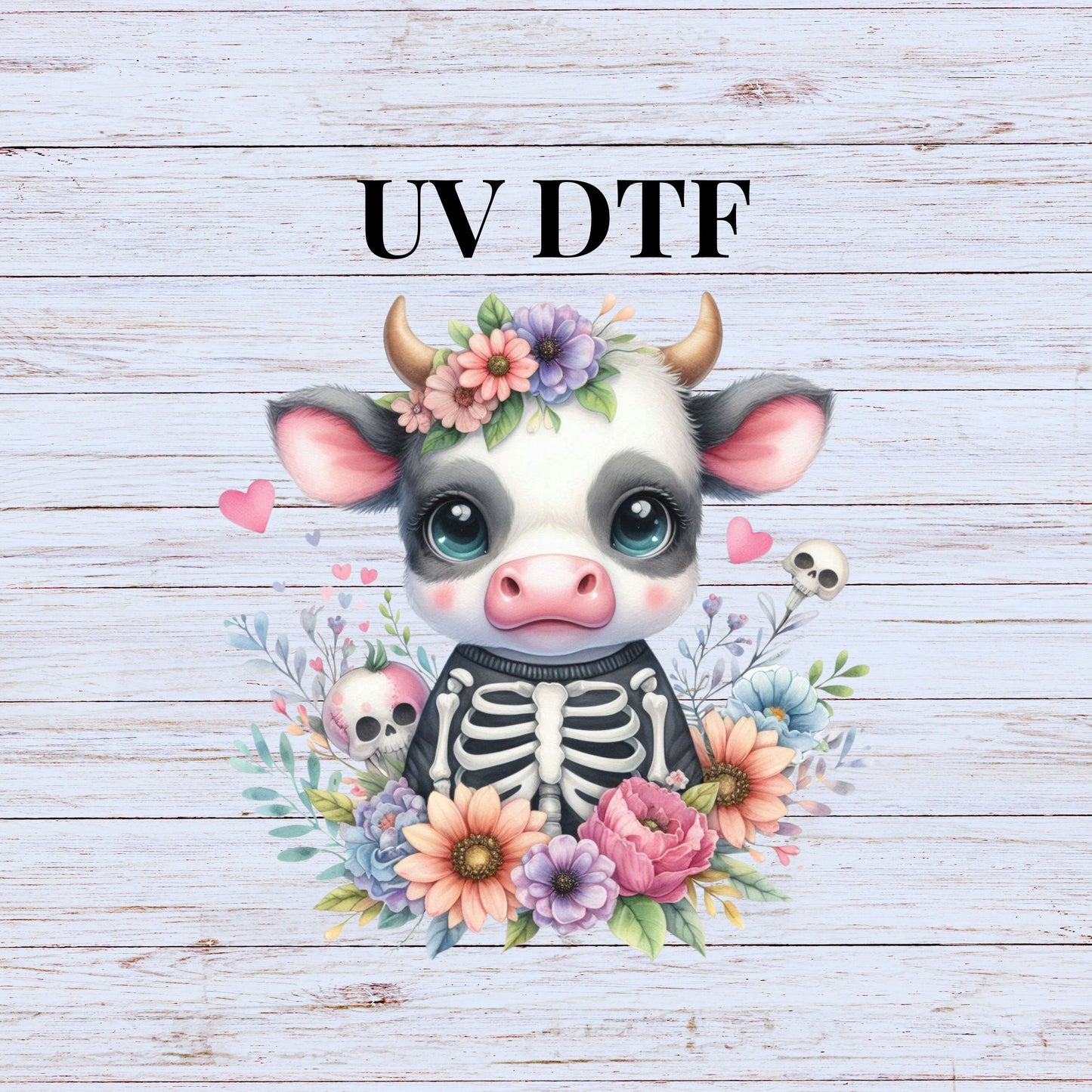 UV DTF Sticker print Skeleton floral baby cow with skeletons and hearts decal, tumbler decal, permanent sticker. Uv wrap tumbler. #7029