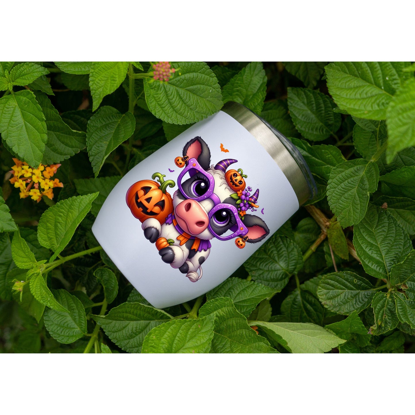 UV DTF Sticker print Pumpkin Cow with glasses decal, tumbler decal, permanent sticker. Uv wrap glass can tumbler. #7031