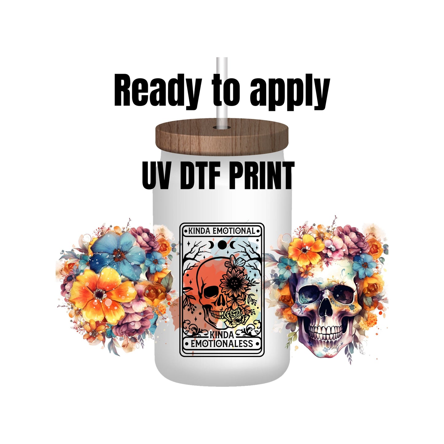 UV DTF Sticker print. Kinda Emotionaless Skull tarot card tumbler wrap decal, tumbler decal. UV wrap for glass can tumbler. #5154