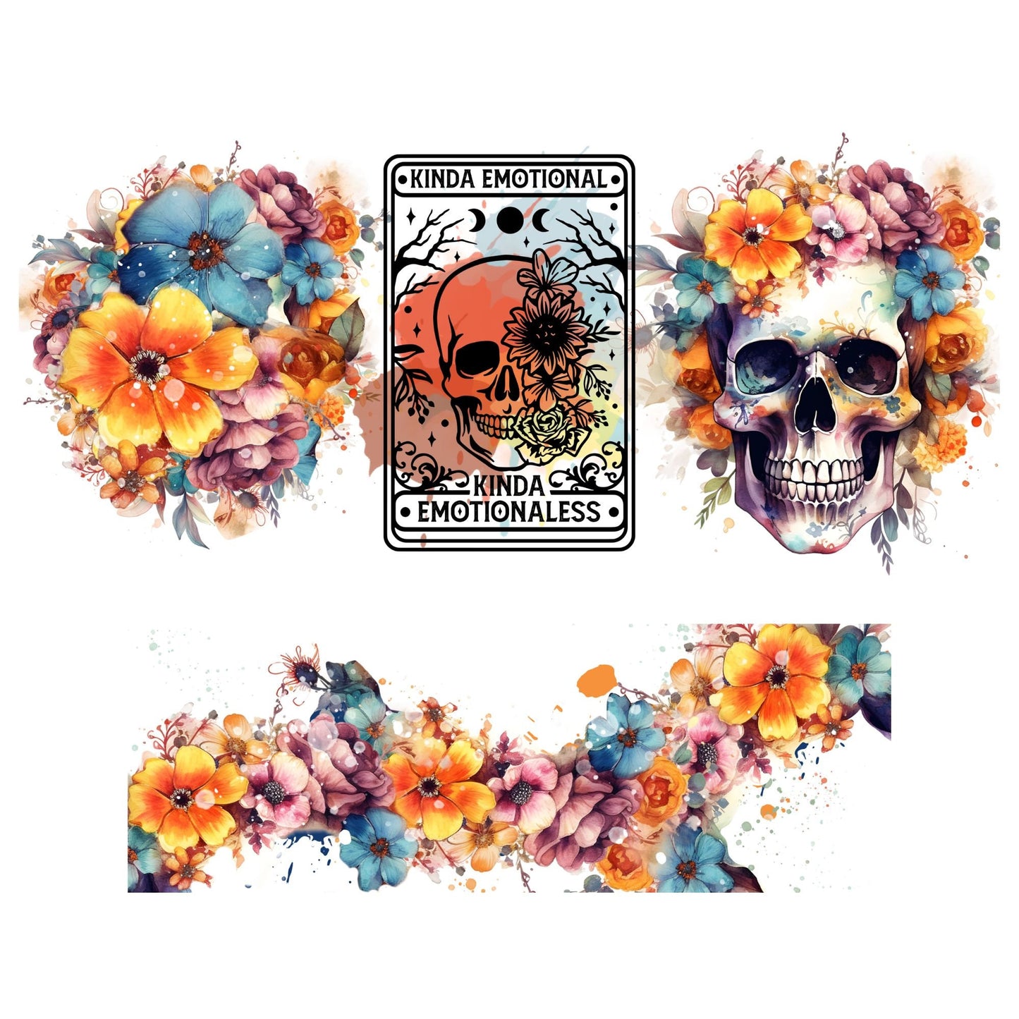 UV DTF 40 oz ready to apply Kinda Emotional Skull tarot card wrap decal , quencher tumbler decal, permanent sticker. UV wrap quencher #3024