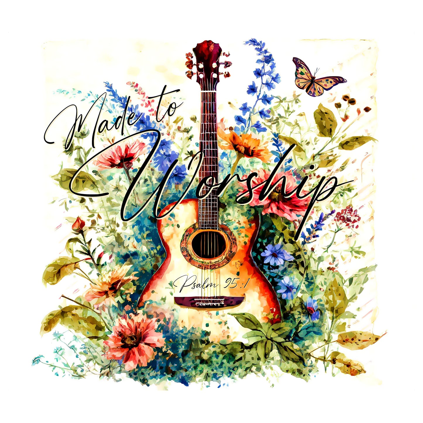 UV DTF Sticker print. Guitar made to worship with flowers decal, tumbler decal, permanent sticker. Uv wrap for glass can tumbler. #4210