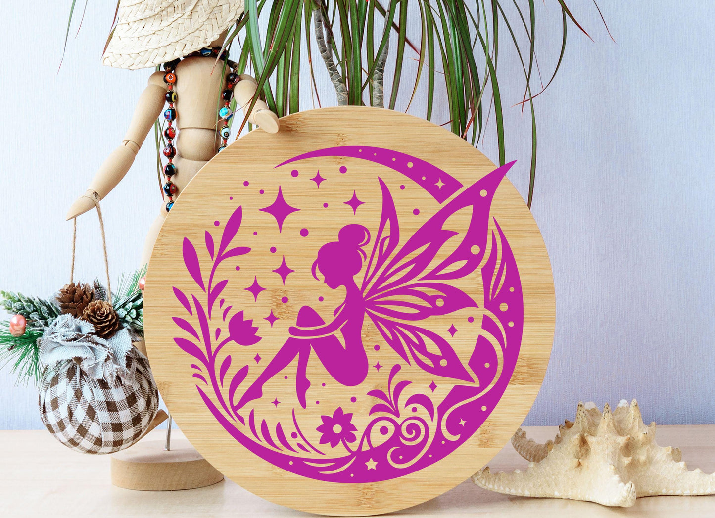 UV DTF Sticker prints. Pink fairy on elegant moon decal, permanent sticker. UV wrap for tumbler. #10055