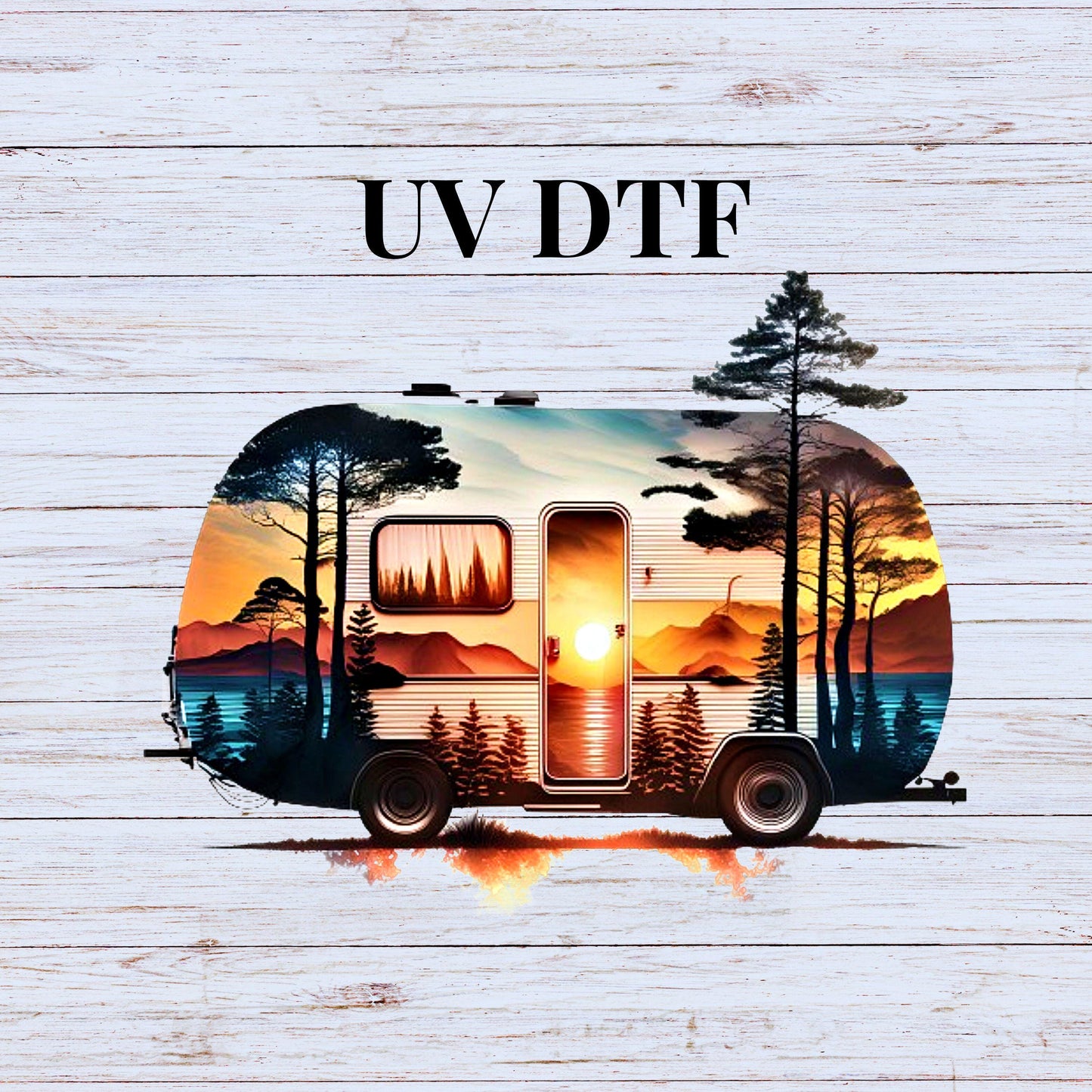 UV DTF Sticker prints. Camper and sunset decal, permanent sticker. UV wrap for tumbler. #10056