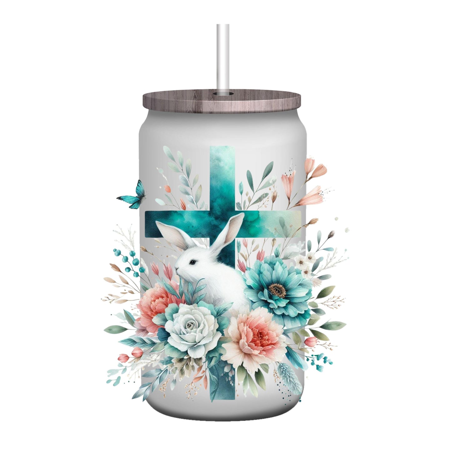 UV DTF Sticker prints. Bunny teal floral cross christian decal, permanent sticker. UV wrap for tumbler. #10058