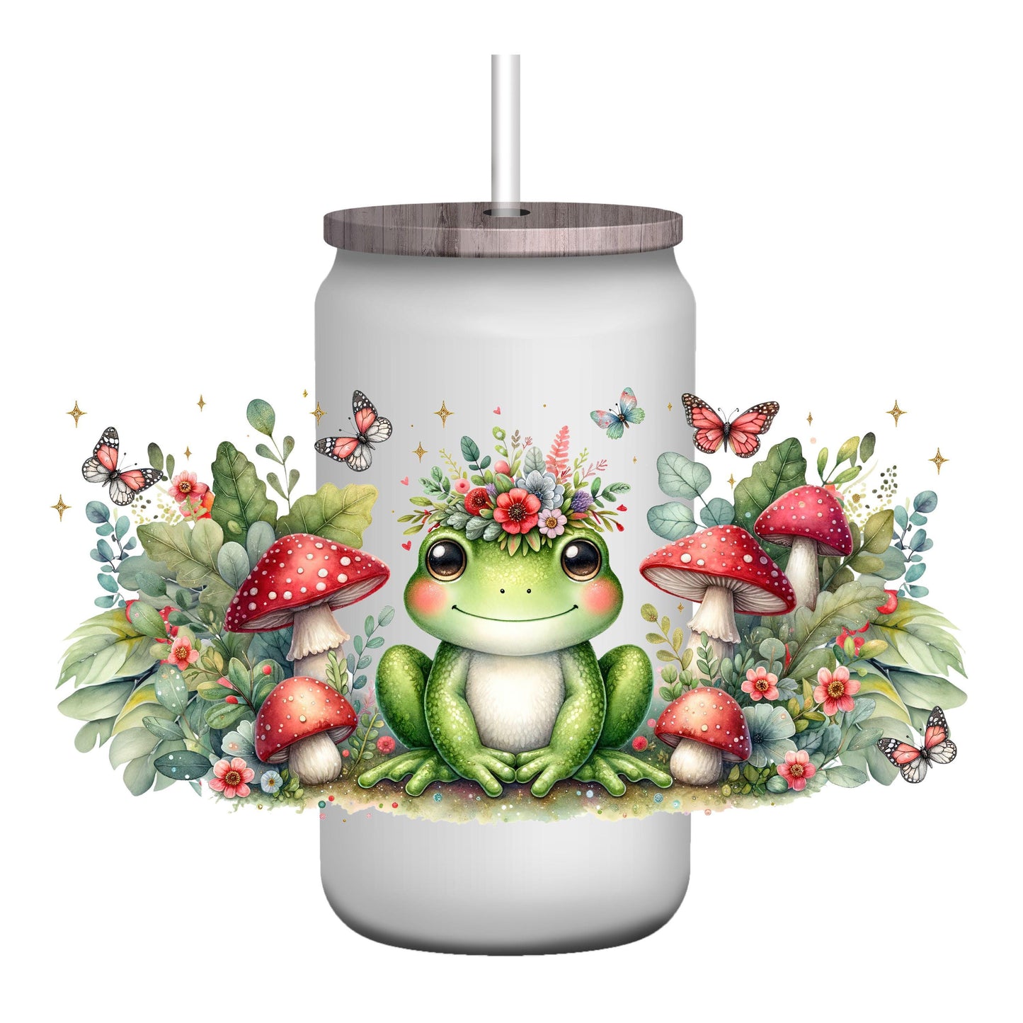 UV DTF Sticker print. Mushroom Frog Glass Can/Quencher wrap decal, permanent sticker. UV wrap. #5161