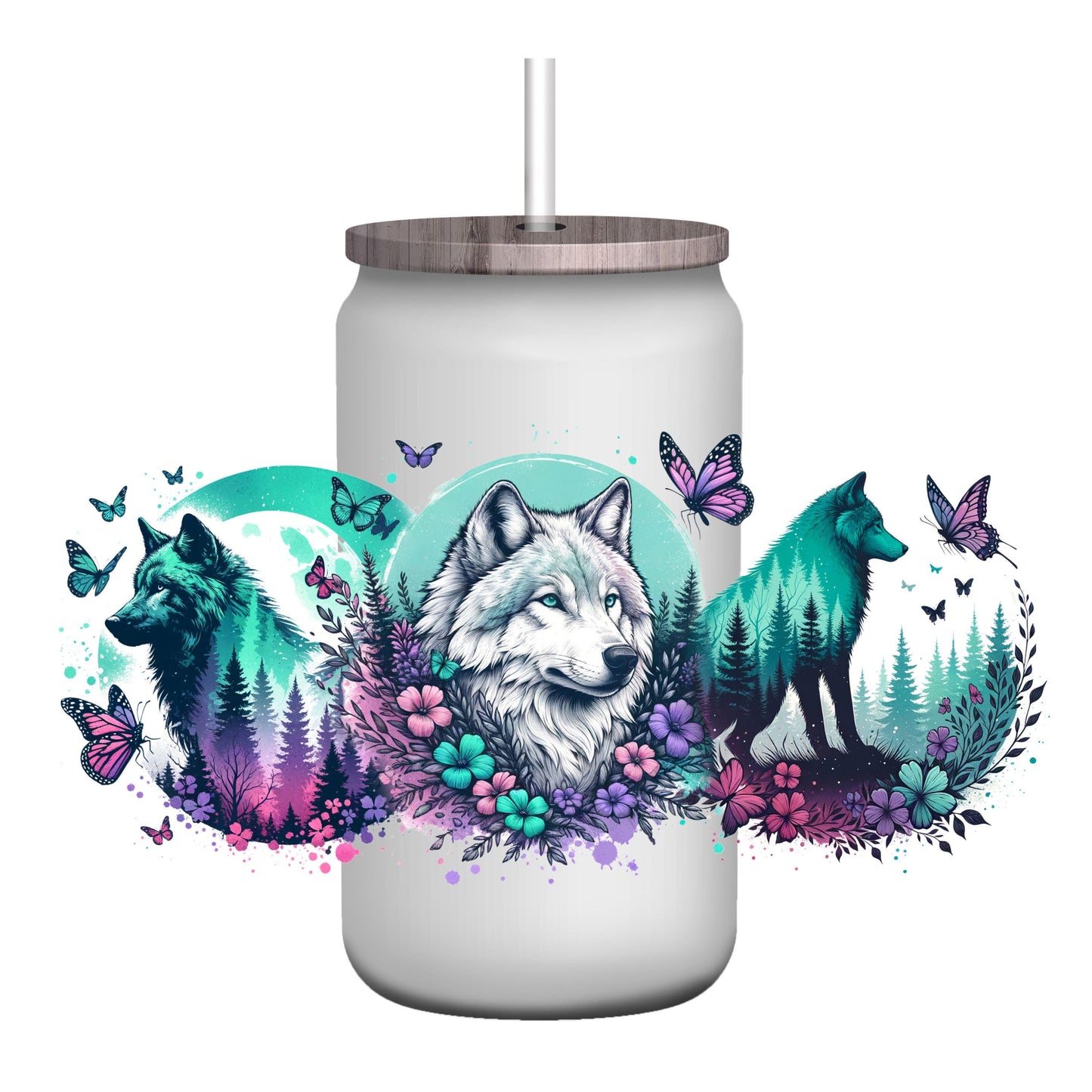 UV DTF Sticker print. Wolves teal and purples Glass Can/Quencher wrap decal, permanent sticker. UV wrap. #5163