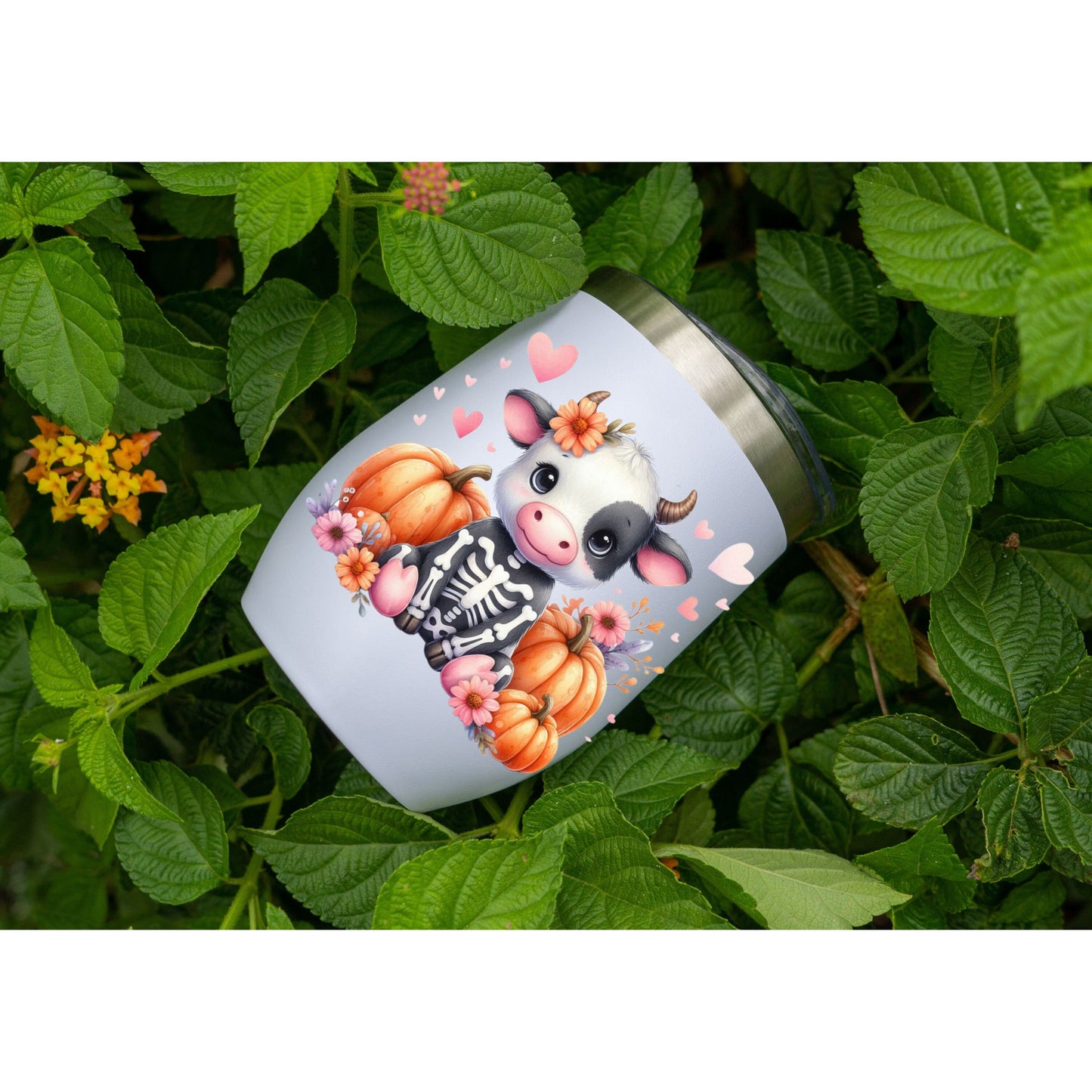 UV DTF Sticker print Skeleton baby cow with pumpkins and hearts decal, tumbler decal, permanent sticker. Uv wrap glass can tumbler. #7028
