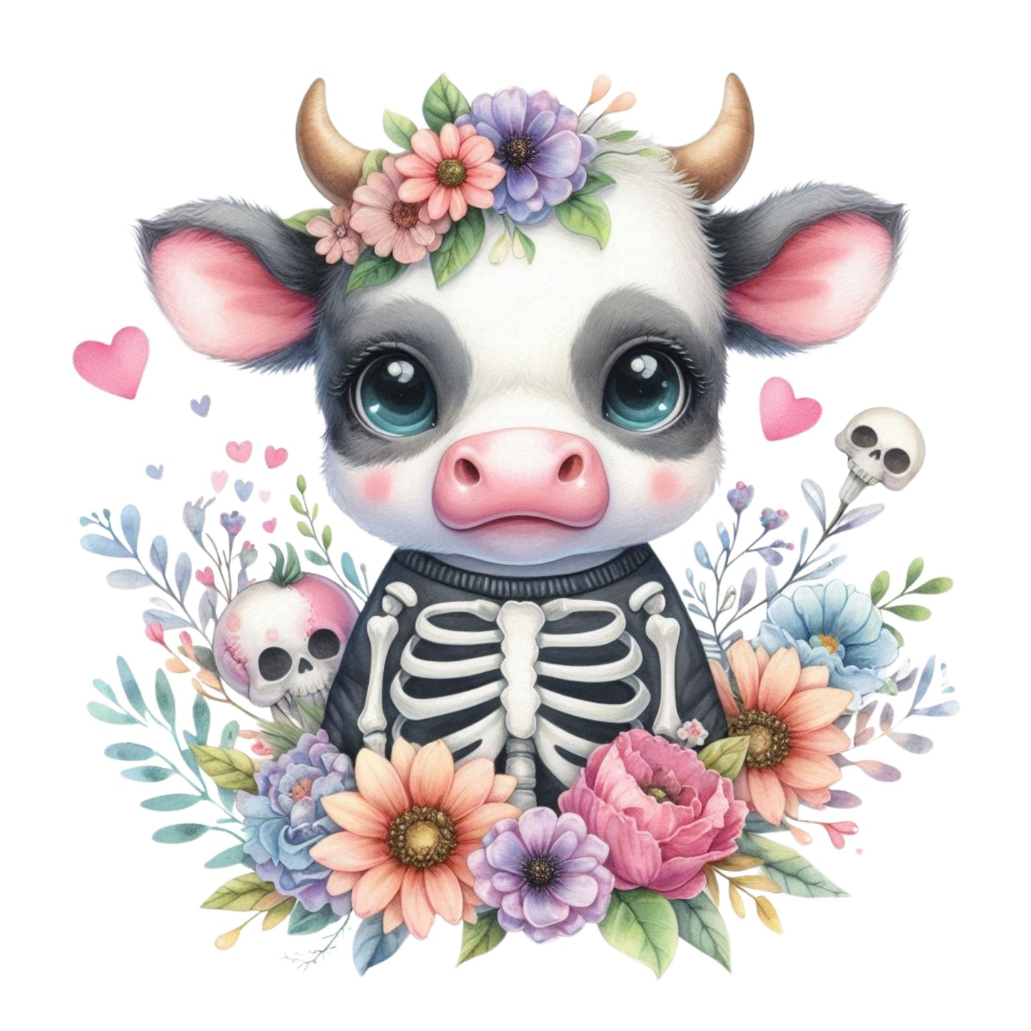 UV DTF Sticker print Skeleton floral baby cow with skeletons and hearts decal, tumbler decal, permanent sticker. Uv wrap tumbler. #7029