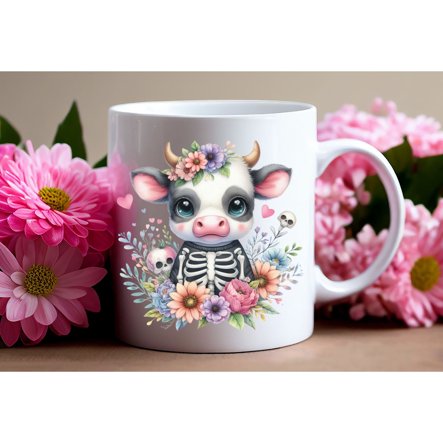 UV DTF Sticker print Skeleton floral baby cow with skeletons and hearts decal, tumbler decal, permanent sticker. Uv wrap tumbler. #7029