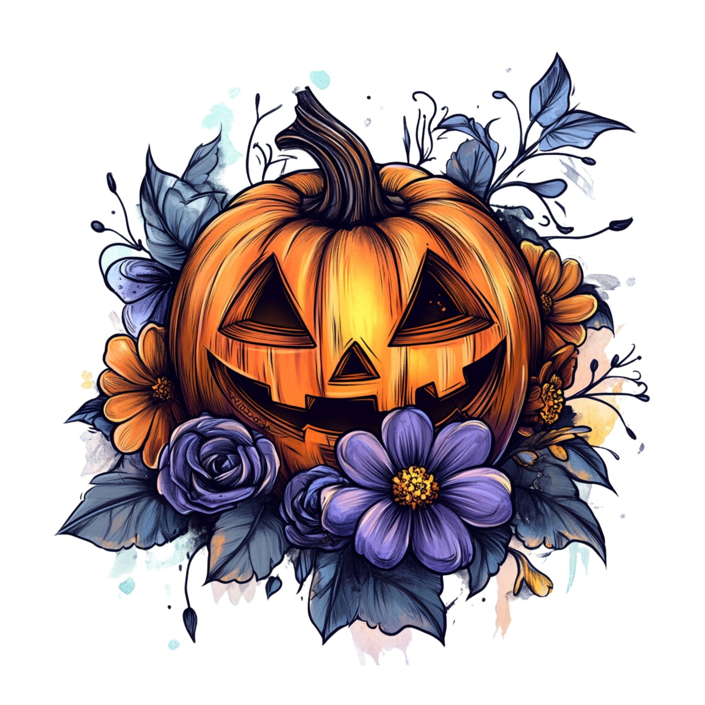 UV DTF Sticker print Purple Floral Pumpkin creepy decal, tumbler decal, permanent sticker. Uv wrap for glass can tumbler. #7059