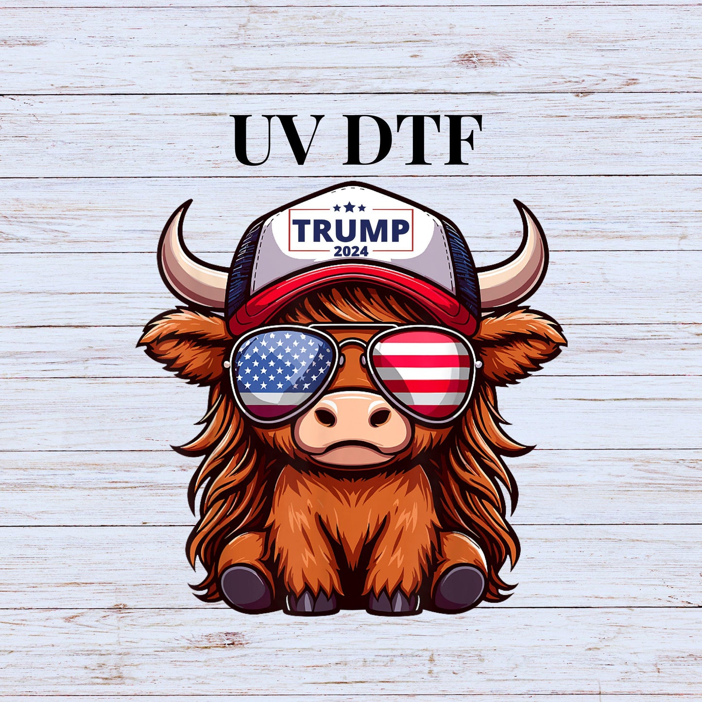 UV DTF Sticker print. Trump Cow with Trucker Hat decal, Patriotic, tumbler decal, permanent sticker. Uv wrap for glass can tumbler. #4231