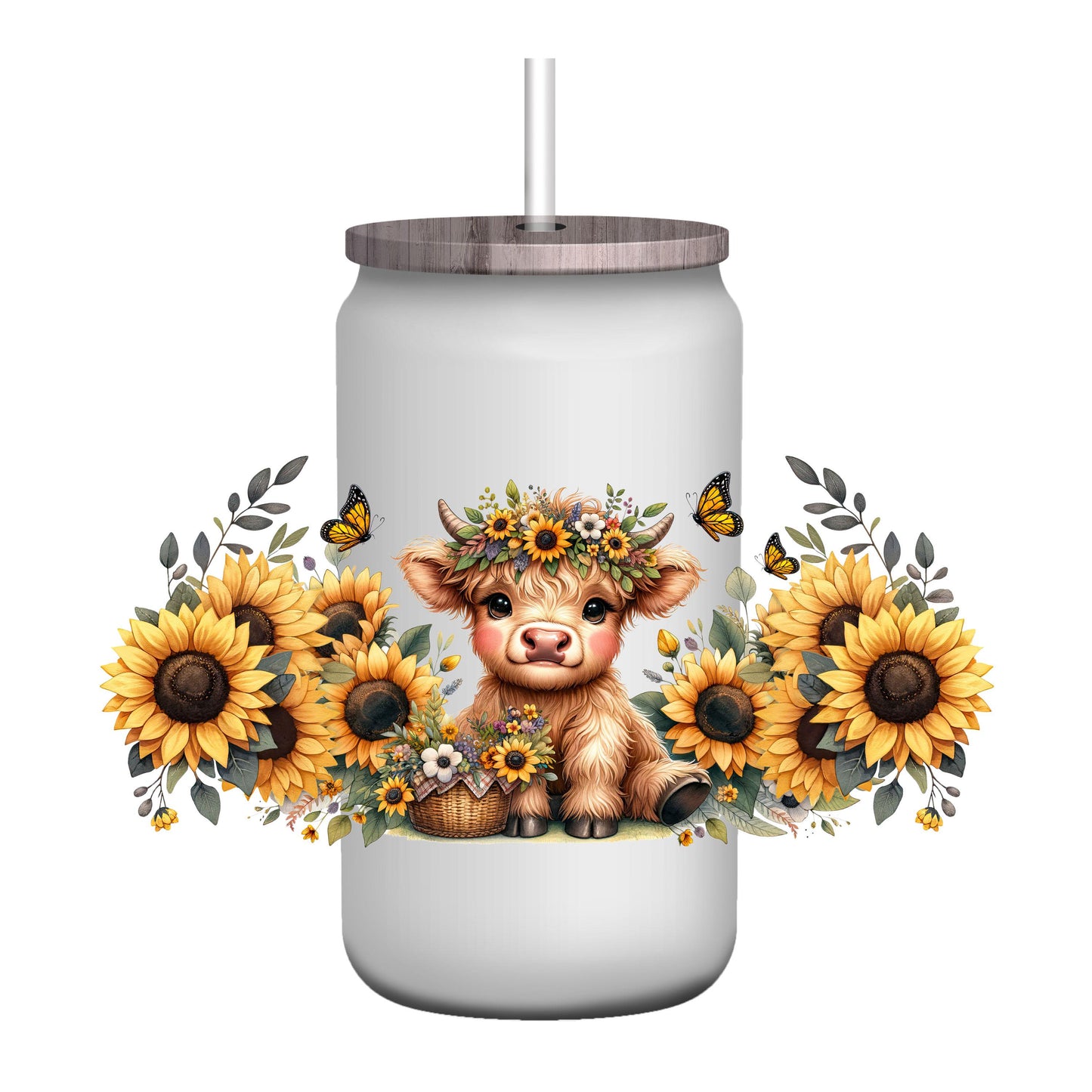 UV DTF Sticker print. Sunflower Cow Glass Can/Quencher wrap decal, permanent sticker. UV wrap. #5162
