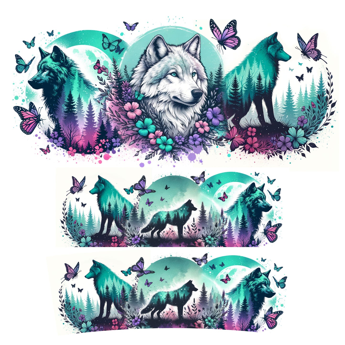 UV DTF 40 oz ready to apply Wolf scene with purple and teal wrap Glass can wrap. Permanent sticker. UV wrap quencher #3029