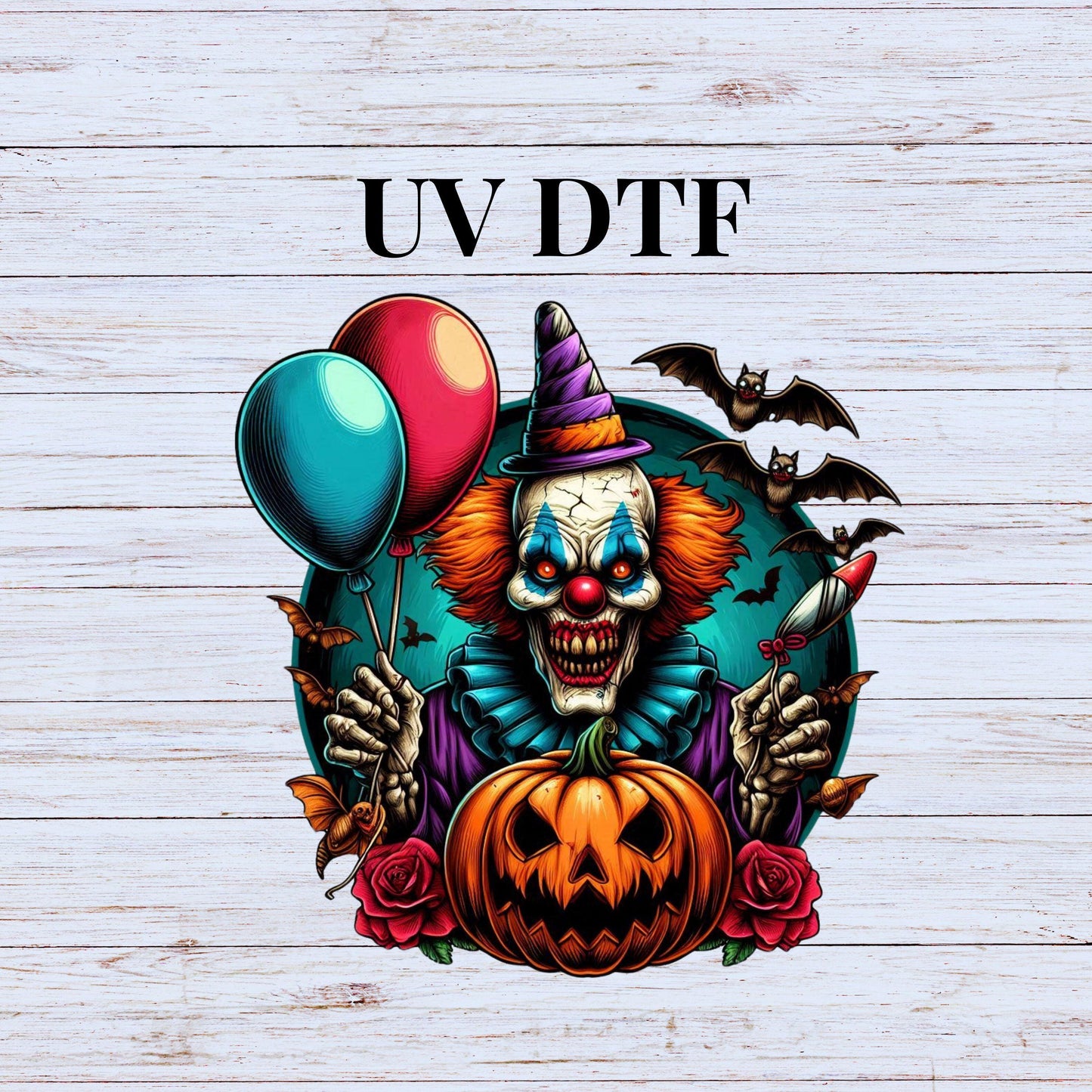 UV DTF Sticker print Creepy Clown halloween decal, tumbler decal, permanent sticker. Uv wrap for glass can tumbler. #7058