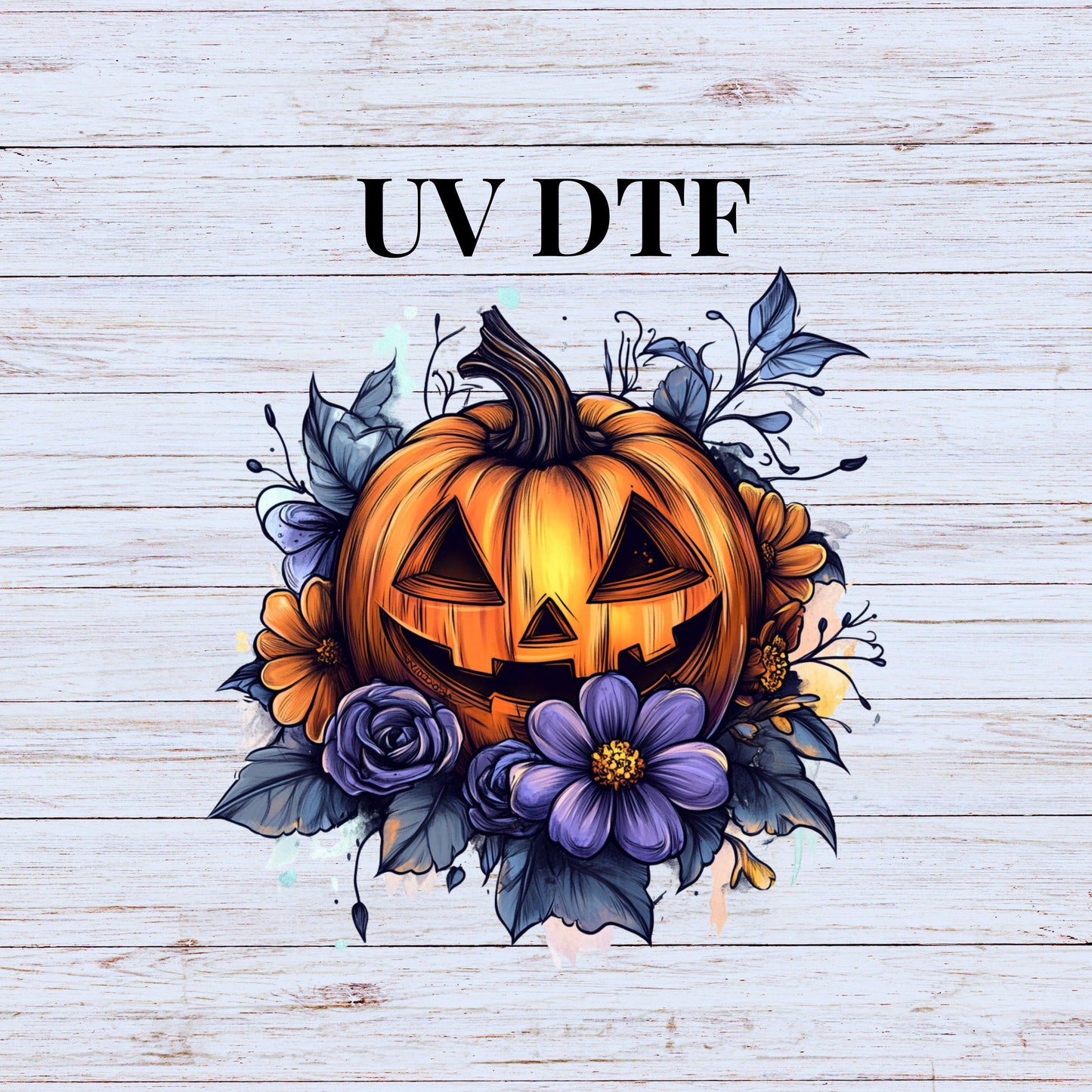 UV DTF Sticker print Purple Floral Pumpkin creepy decal, tumbler decal, permanent sticker. Uv wrap for glass can tumbler. #7059
