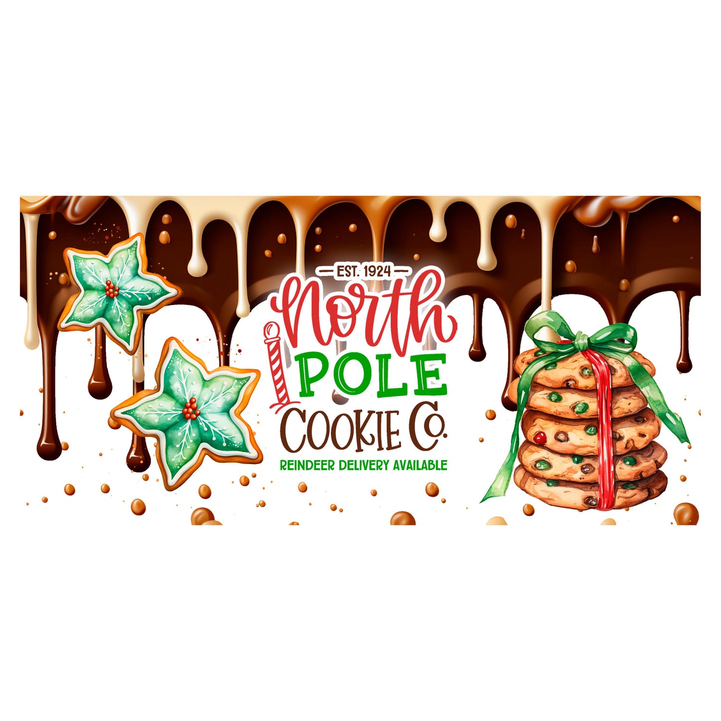 UV DTF Sticker print. North Pole Cookie Drip wrap decal, 40 oz or glass can tumbler decal. UV wrap for glass can tumbler. #5187