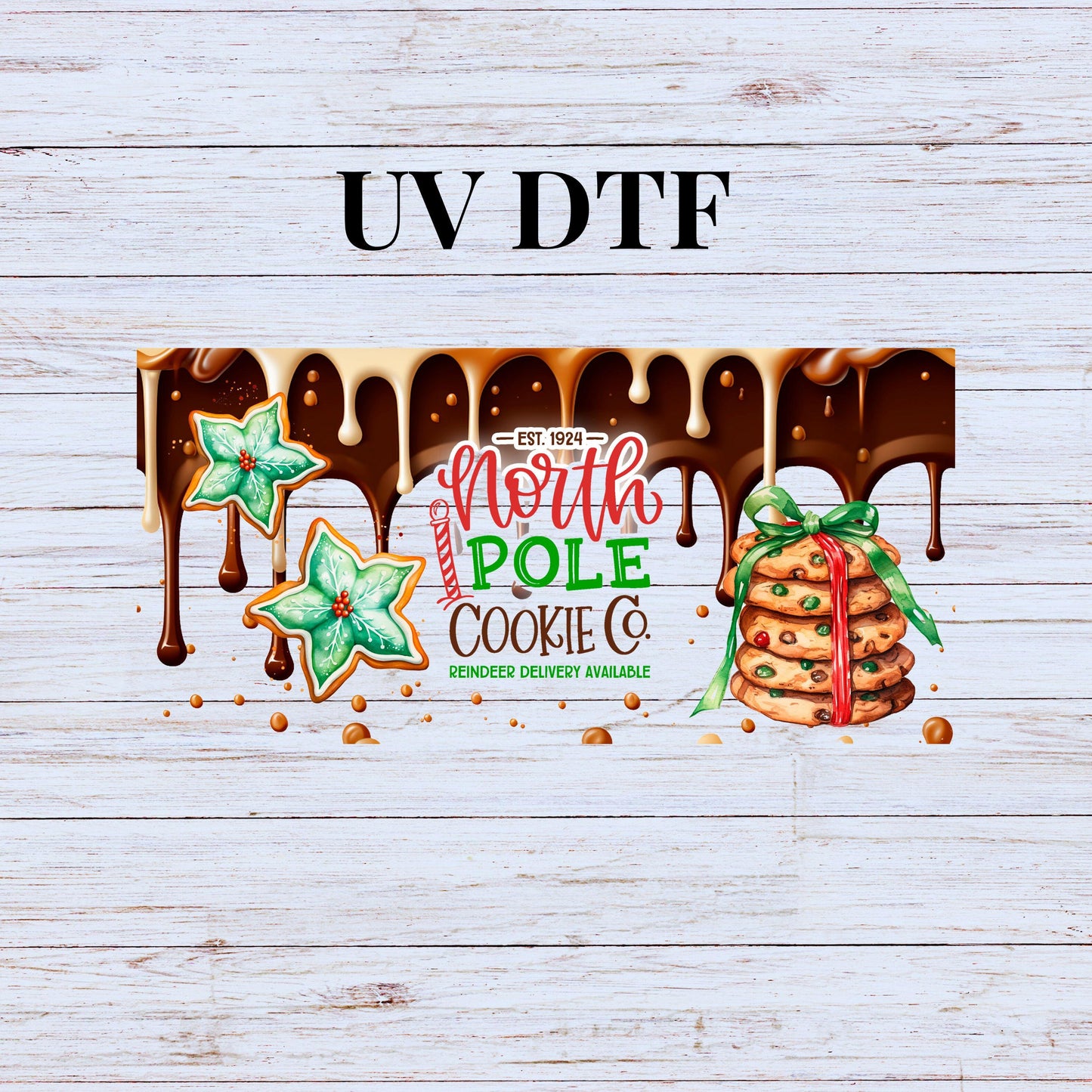 UV DTF Sticker print. North Pole Cookie Drip wrap decal, 40 oz or glass can tumbler decal. UV wrap for glass can tumbler. #5187