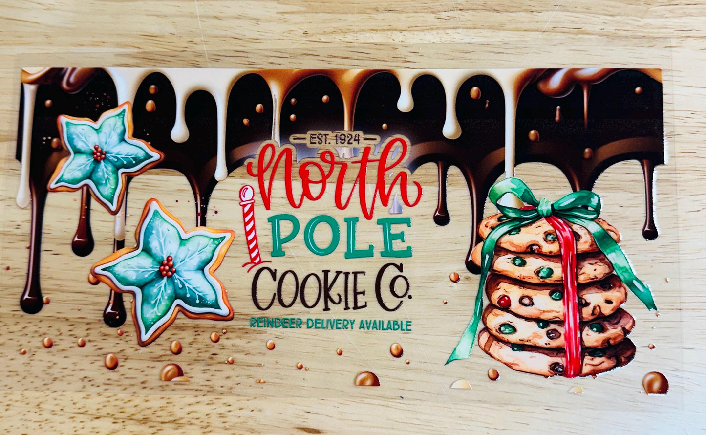 UV DTF Sticker print. North Pole Cookie Drip wrap decal, 40 oz or glass can tumbler decal. UV wrap for glass can tumbler. #5187