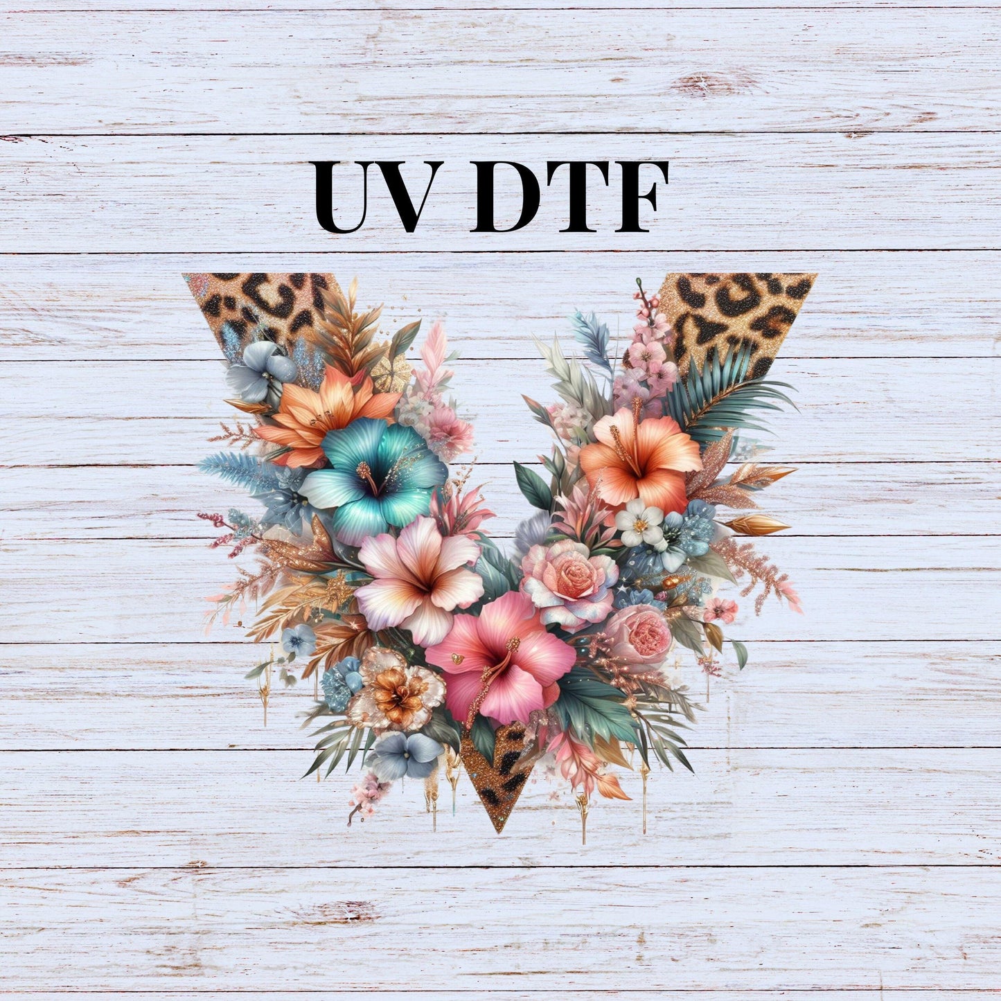 UV DTF Sticker print. Tropical V split leopard print and flowers wrap decal, glass can tumbler decal. UV wrap for glass can tumbler. #5191